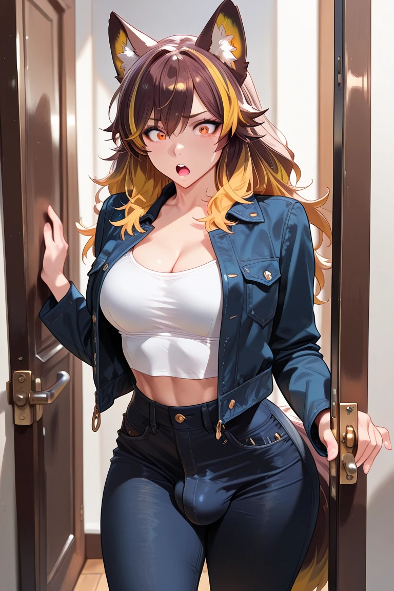 4K, Masterpiece, highres, absurdres, natural volumetric lighting and best shadows, deep depth of field, sharp focus, soft delicate beautiful attractive face,vandread,blonde Nadia with a choker, looking at viewer, vandread drawing style, 1girl, solo, long hair, looking at viewer, thighhighs, jewelry, standing, blonde hair, brown hair roots, kitten pendent, smiling, earrings, indoors, bracelet, makeup, garter belt, thong, white school uniform, white jacket, white vest, marine jacket, tie, small medals, reflection, mirror, realistic, wearing Urban_Gal