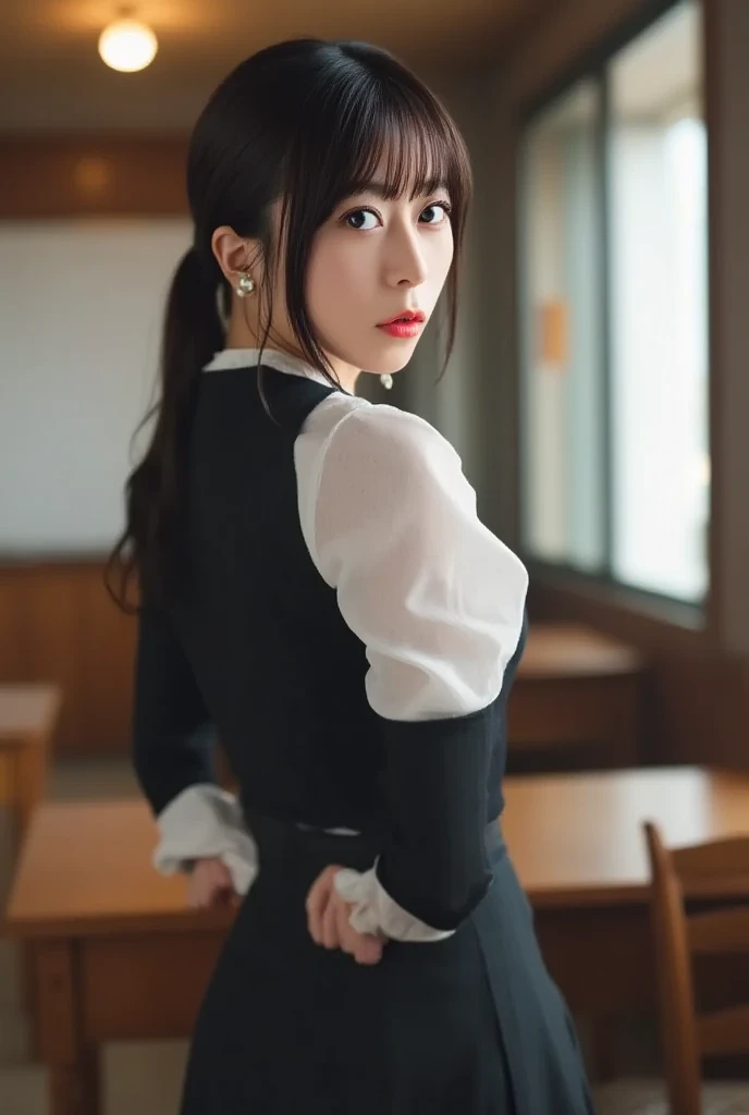 1little girl, de pele branca, slender, Dim Library, ((Blouse)), ((red apron)), (((JINS))), facing back, A dark-haired, short-hair, surrealism, Cinematic lighting, depth of fields, One-person viewpoint, F/1.8, 135 mm, canon, nffsw, masutepiece, ccurate, Anatomically correct, Textured skin, Super Detail, high details, High quality, awardwinning, Best Quality, hight resolution, 1080p, hard disk, 4K, 8K