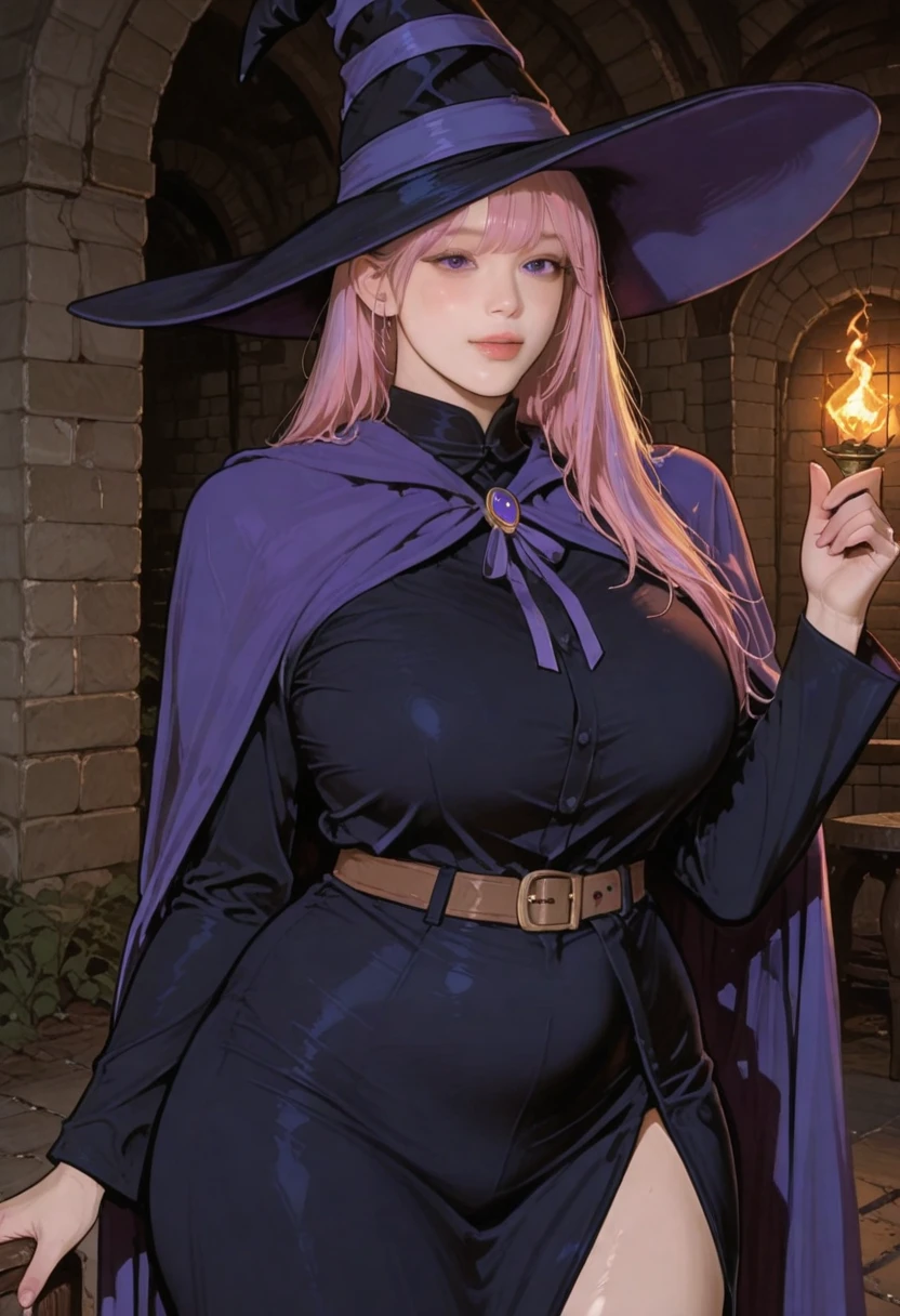 creamy Orange hair , wearing royal purple and black outfit , moons and stars pattern, hoop earring , wearing a cap hat