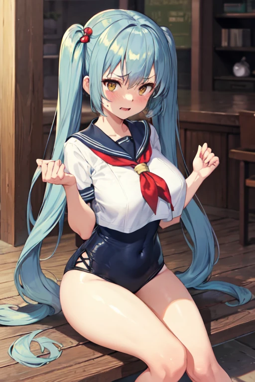 Aoi_Fukayuki、1 girl in、anime styled、full bodyesbian、(blue hairs)、(shorth hair)、a smile、red tide、blue eyess、white sailor school uniform top, red tie, school swimsuit, blue one-piece swimsuit, sailor collar, white socks, loafers,、hightquality、best qualtiy、emphasizing thighs、to stand、paw pose