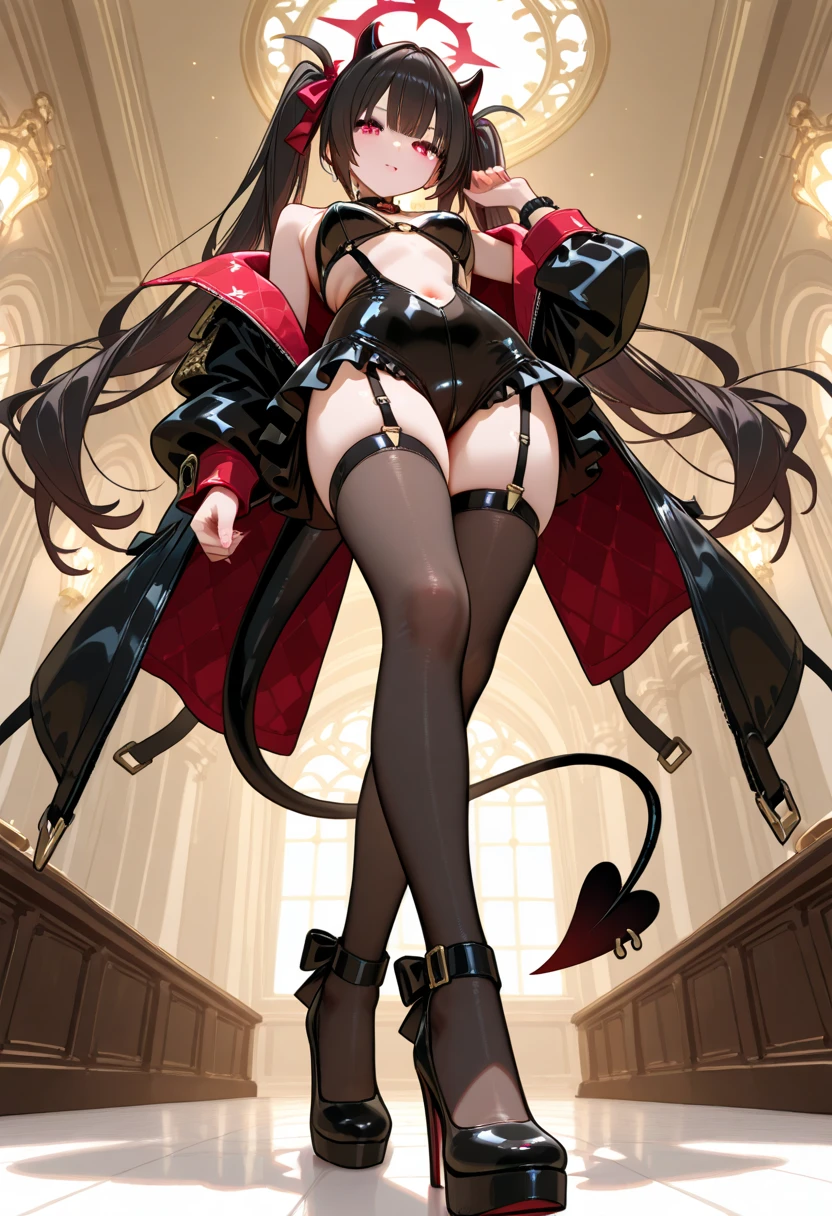 Long black hair, red eyes, magician, bunny girl, white rabbit ears, holding a magic wand, magic hat, black boots, red cape, long coat, monocle