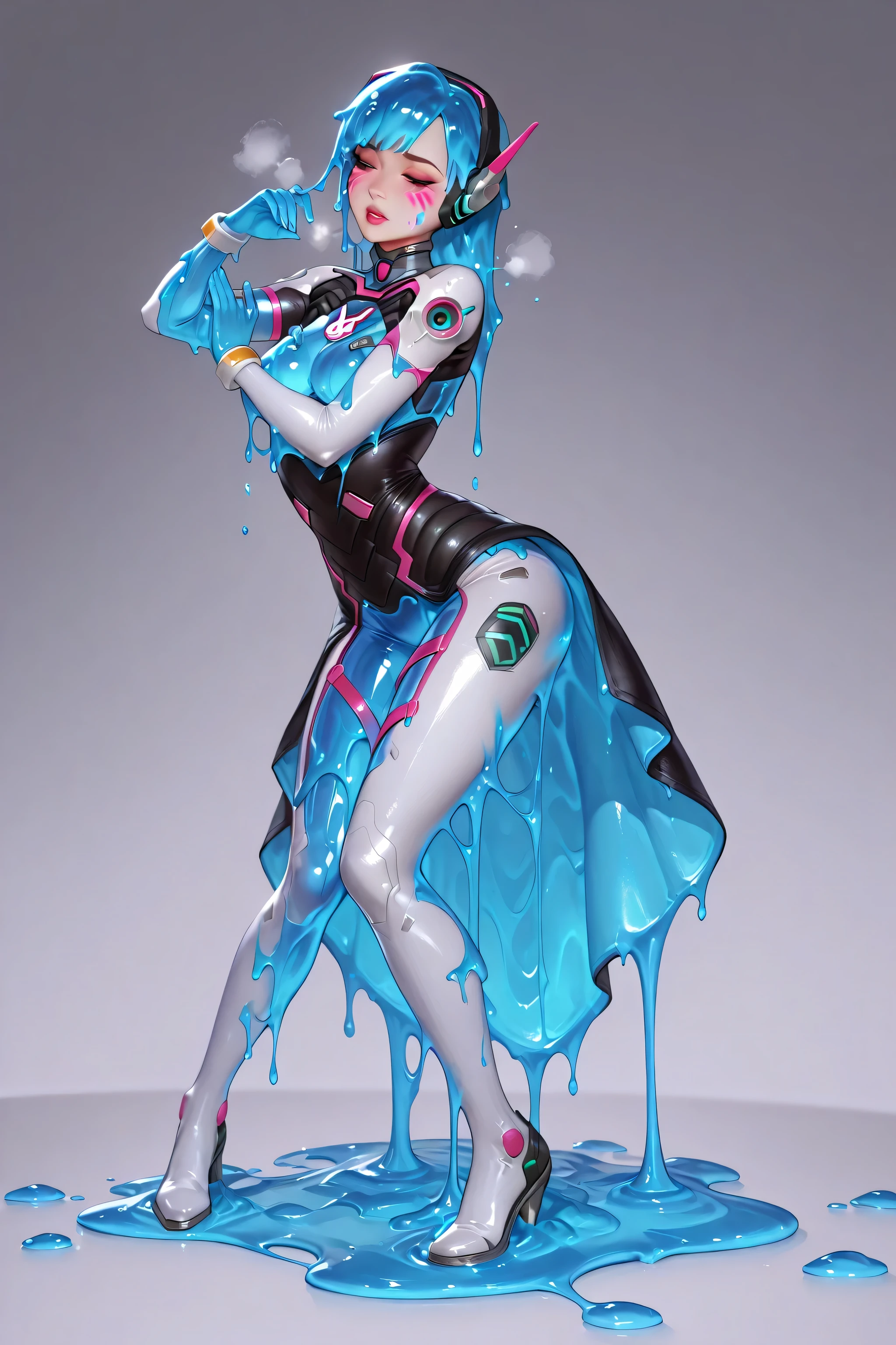 (1woman, alone, dynamic pose, D.va overwatch in her outfit:1.0, partially undressed, orgasming, shuddering, blushing, heavy breathing, face makeup, translucent:1.0, melt, melting, fully melted:1.0, transformation, melt into a puddle:1.0, melting hair,), exaggerated pose, full body, incredible lighting, volumetric light, HDR, background scenery, scenery:1.0, depth of field