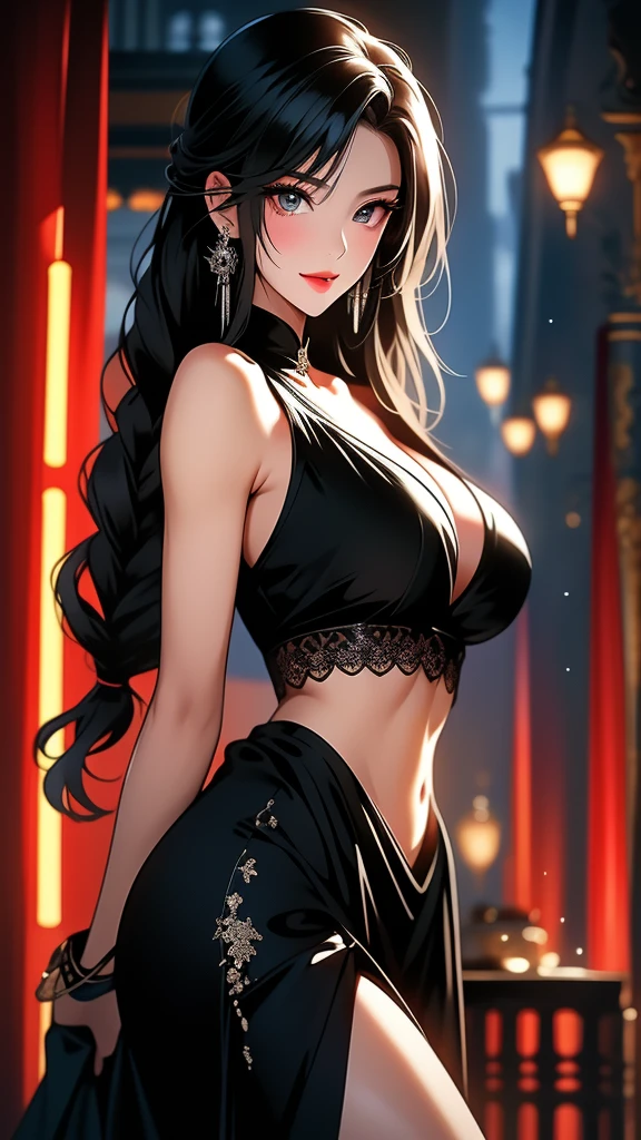 Mulher adulta e sensual, ((peitos grandes)), cintura fina, quadril largo, (((long black hair))), (((amber eyes))), pose sedutora, sorriso, bochechas rosadas, corpo completo, pele clara, dress