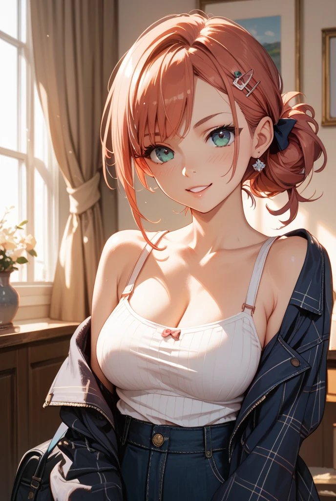Placing hand on cheek, Biologically correct five fingers、Realistic, real person, RAW photo, photorealistic, portrait photography, shiny skin, 18-year-old female、(ponytail) and (red hair) and (red eyes), BREAK (black:1.2) and (off shoulder blouse) BREAK、(grin:1.2), open mouth, The background is the interior of a restaurant、alone、Are standing