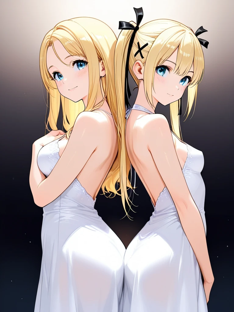 Super detailed、Highest quality、Best image quality、masterpiece、8K、(shoulder-length blonde hair、Medium Long Hair)、(laugh:1.3、Open Mouth) 、(cheerful)、(tareme)、(big eyes)、(Beautiful shining eyes)、(High Detail Anime Eyes)、(puffy eyes)、(Big Tits:1.5、topless:1.3)、((SFW Huge Body))、(((Rear View)))、Cowboy Shot、(White Thong、Calvin Klein T-back、ckundies)、(Two women stand side by side with their butts facing the viewer.:1.5)、(Beautiful ass)