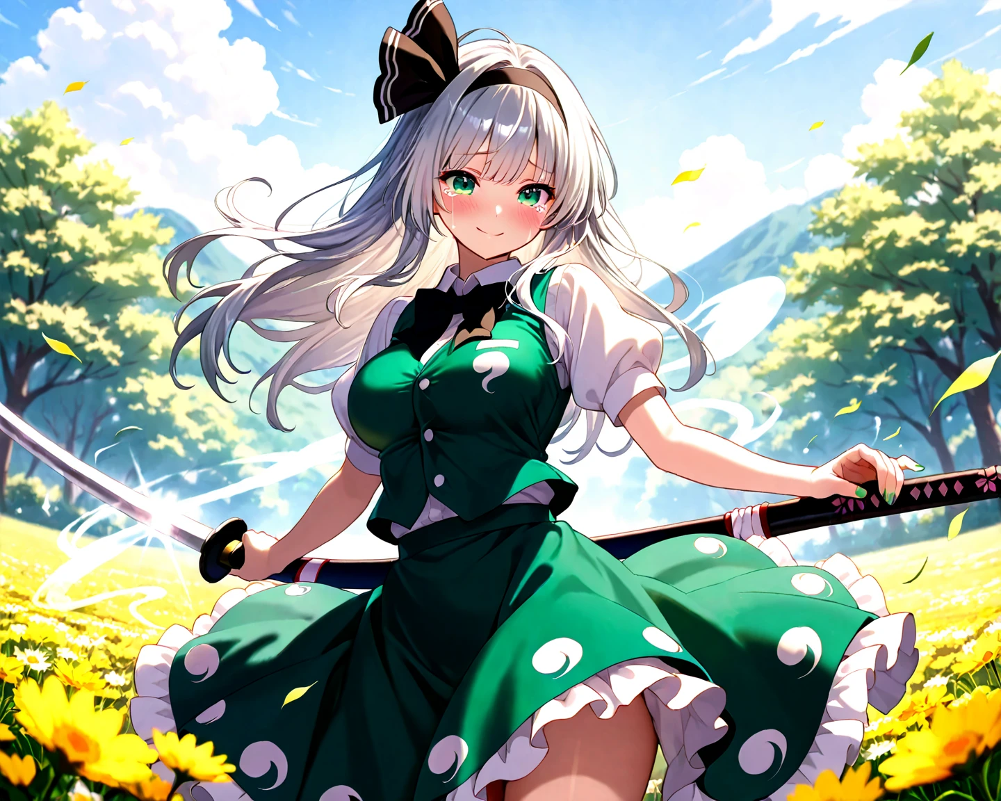 score_9, score_8_up, score_7_up, uncensored, source_anime, <lora:spblendsKanzakiHideriXL:1> hideridef, otoko no ko, hair bow, black hairband, dress, short sleeves, frills, waist apron, frilled apron, skirt, white gloves, white thighhighs, holding, holding weapon, looking at viewer, open mouth, smile, solo, v, weapon