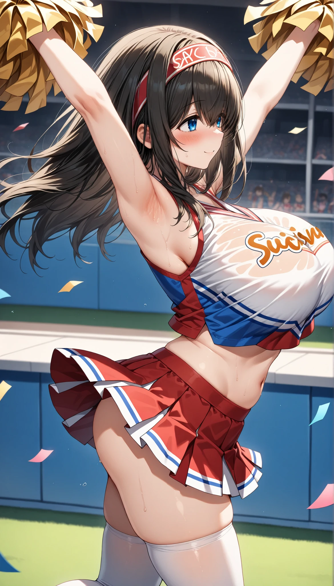 score_9, score_8_up, score_7_up, rating_explicit, game_cg, shiny skin,shiny clothes,gel skin,sweat,rioba, red eyes, ringed eyes, white pupils, halo, medium breasts, very long hair, hairclip, wet skin, holding, jewelry, erect nipples, sexy attire, cleavage, alternate costume, choker, cheerleader outfit, short skirt, cheerleader top, pose, flaunting chest