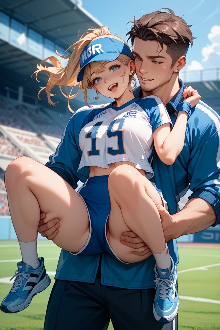 (nsfw:1.7), source_anime BREAK, 1 girl, 1 boy, sex, huge dick, public sex, standing split sex, spread legs, cowboy shot, detailed background, Heroine X, stomach, navel, forced, reject, exposed breasts, exposed pussy, blue shrug \(clothing\), long sleeves, wristband, baseball cap, huge breasts, , park, crowd place, attention, people attention, day, waterdrop,