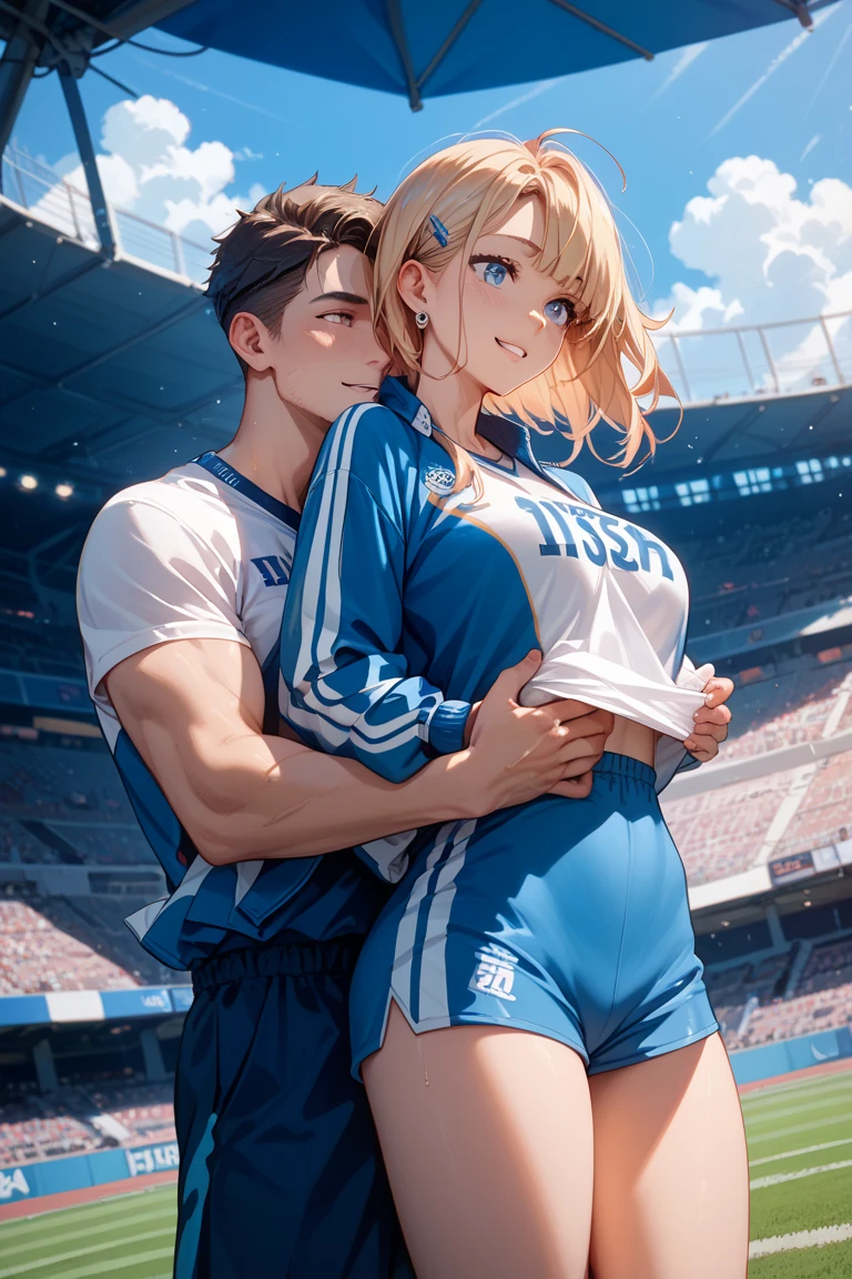masterpiece, best quality, high quality, High definition, High quality texture, High quality shadow, high detail, beautiful detailed, finely detailed, extremely detailed cg, detailed texture, a realistic representation of the face, delicate, sharp focus, 1 girl punch 1 boy, 17 years old girl, tall, (smooth_abs:1.55), pretty, (long_skinny_legs), (skinny_waist), (((fair skin))), (Emma_watson), light blonde hair, ((orange sport bandeau)), Short orange short skirt, (a tall girl kick a small man in the face: 2), ((the small man fall backwards))
