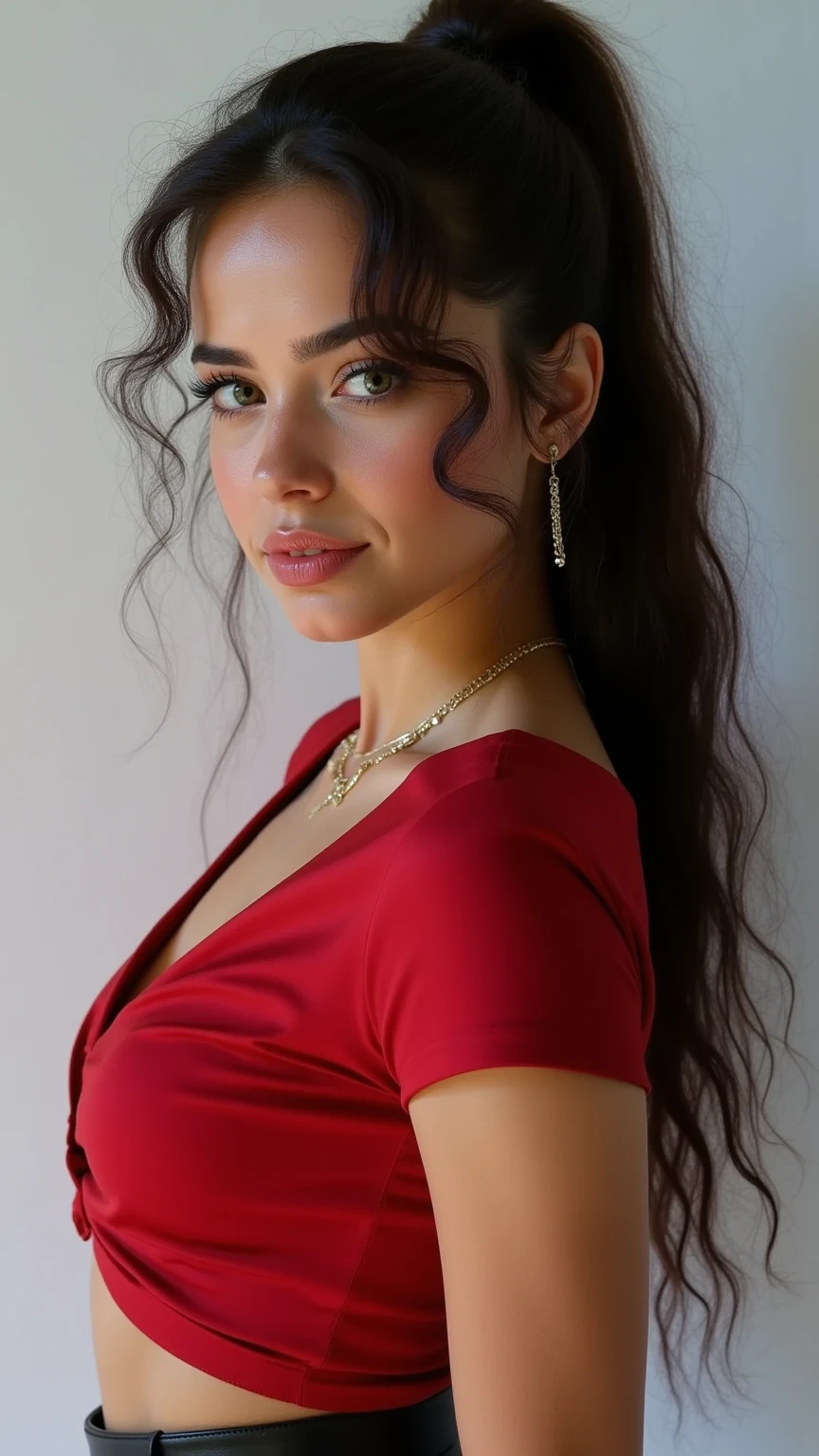 A woman in a red top and jeans posing for a photo, half pink, portrait half pink, violet myers, portrait of half pink, sensuous look, clear portrait of half pink, sensuous :8, sensuous girl, Attractive and beautiful, Beautiful woman, 18 years old, wearing red blouse, red hot, gorgeous lady, neckleace, RIDE GOOD, stunning woman