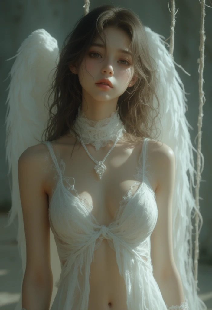 (((best quality))), (((very detailed))), (((masterpiece))), illustration,((1 beautiful ,alone,angel)),((fair skin,shoulder length blonde straight hair,blue eyes)),(earring,Crystal Necklace),((slim,thin)),(((huge breasts,Towering chest,split,under the chest))),happy expression,(white wings:1.3),(Flowing short-sleeve white see-through dress:1.3),((In Heaven, garden setting)), vibrant flowers,(colorful flowers:1.3),lush grass, Breeze, (clear sky, fluffy clouds, shining sun),((navel)),((in front,standing,upper body,arms back)),((pantyhose))