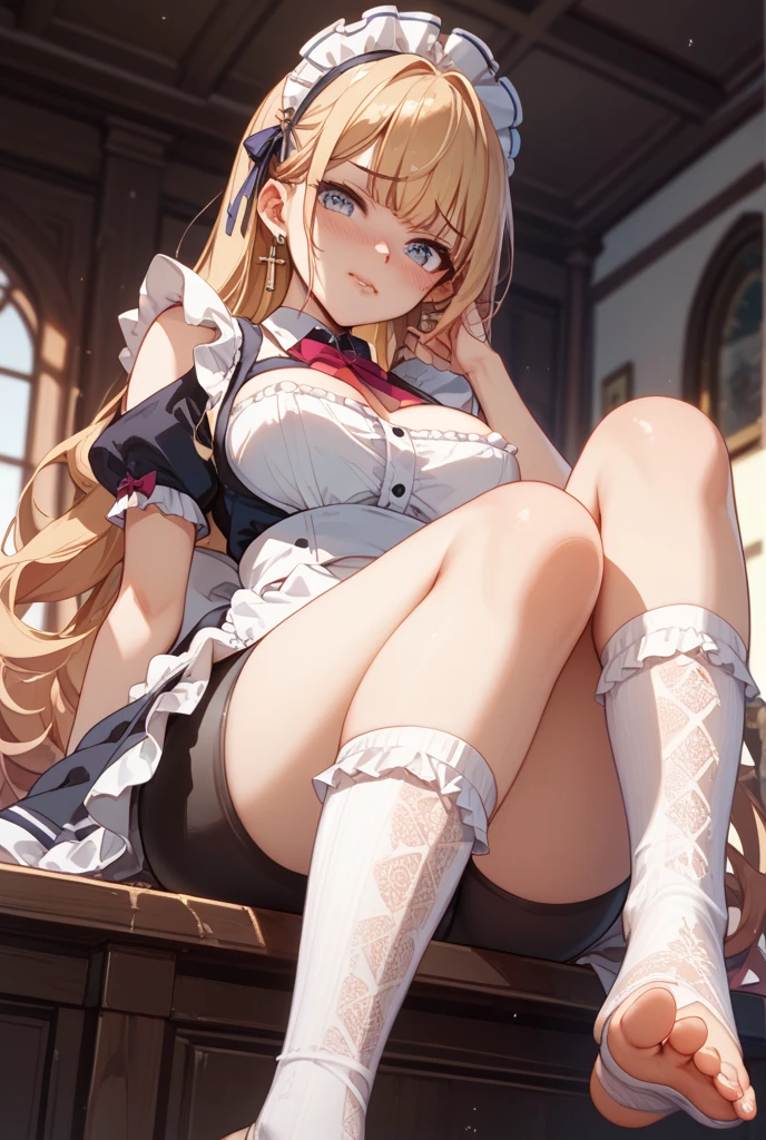 ((Highest quality)), ((masterpiece)), ((detailed)), (4K), 1girl, 独奏, blonde hair, office lady, Miniskirt, long tongue, large breasts, (spread legs), (looking up), (from below), looking at viewer, show off nipple, (sweat), blush, angry, aroused, (orgasm), cameltoe, long tongue, office