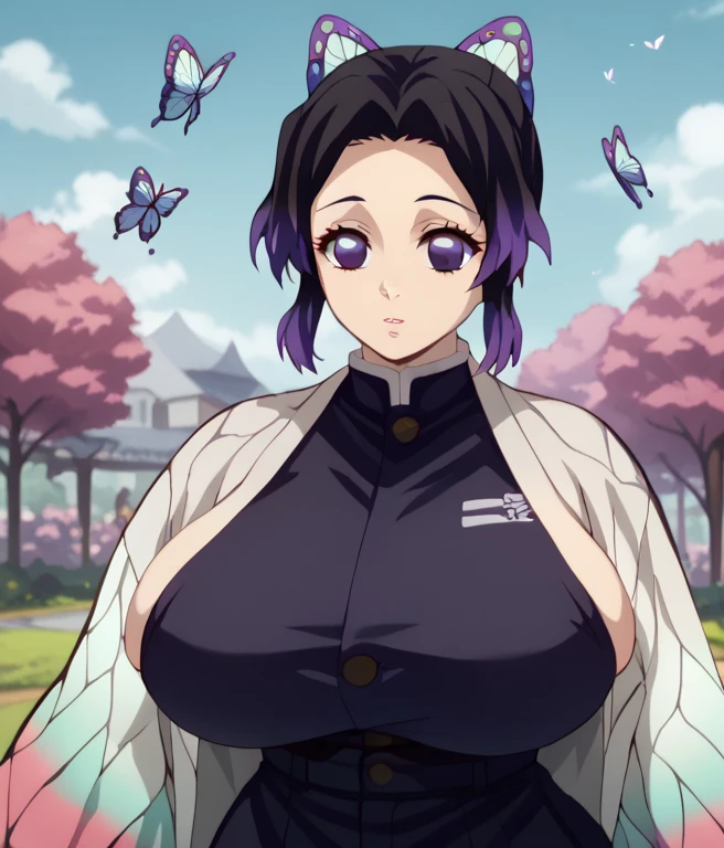 masterpiece, best quality, (1girl), shinobu_kocho, demon slayer\(series\), teacher uniform, detached collar, outdoor, night street, shiny skin, from above, thigh thighs, ahegao face