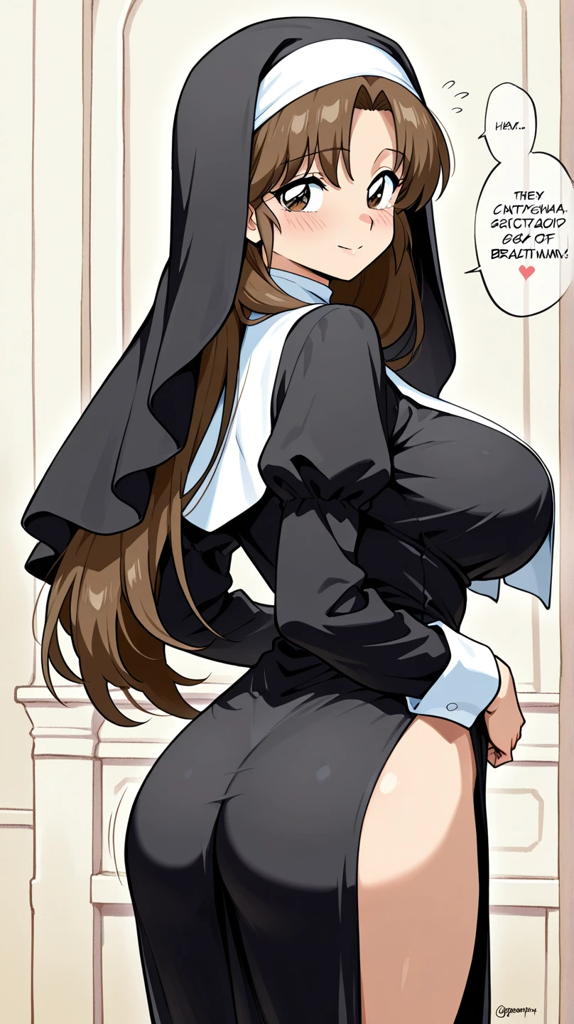 High resolution, high quality, 1 girl, anime girl, brown long hair, brown eyes,heart-shaped pupil, Green glasses,closed one eye,clenched teeth, tanned skin, big breasts,beautiful breasts, (big ass),beautiful butt,nun,Are standing,at church,