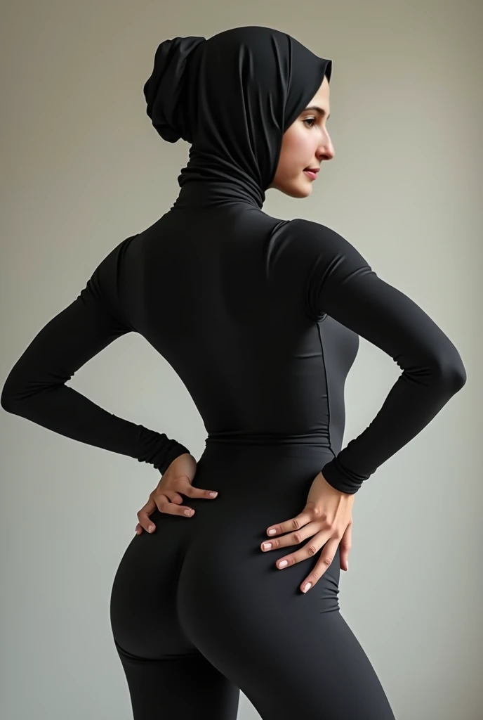 Women sexy, big bra, wearing full lether jupsuit, open butt mix with fishnet, wearing hijab covering mouth & nose