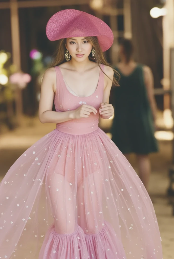 girl, (from side:0.8), (from below:0.2), see-through plastic jacket, high collar, shoulder tilt, (young, cute:1.8), breast, off-shoulder, detailed face, (looking at viewer:1.4), ponytail, bangs, parted lips, shoulder, (high neckline:1.2) highleg (pink leotard:1.2), detailed streamline details, thigh, shiny, sharp focus, pink nebula, light particles, blurry background, blurry foreground, bokeh, enchanting, otherworldly, soft colors,