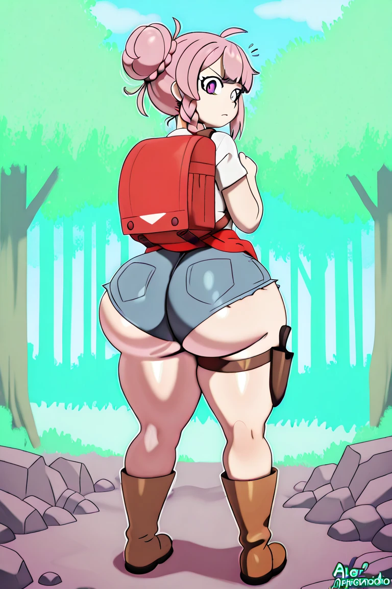 Shark girl, very sexy, big breasts, Wearing a short white sports shirt and shorts, Stick out your tongue and drool., back view