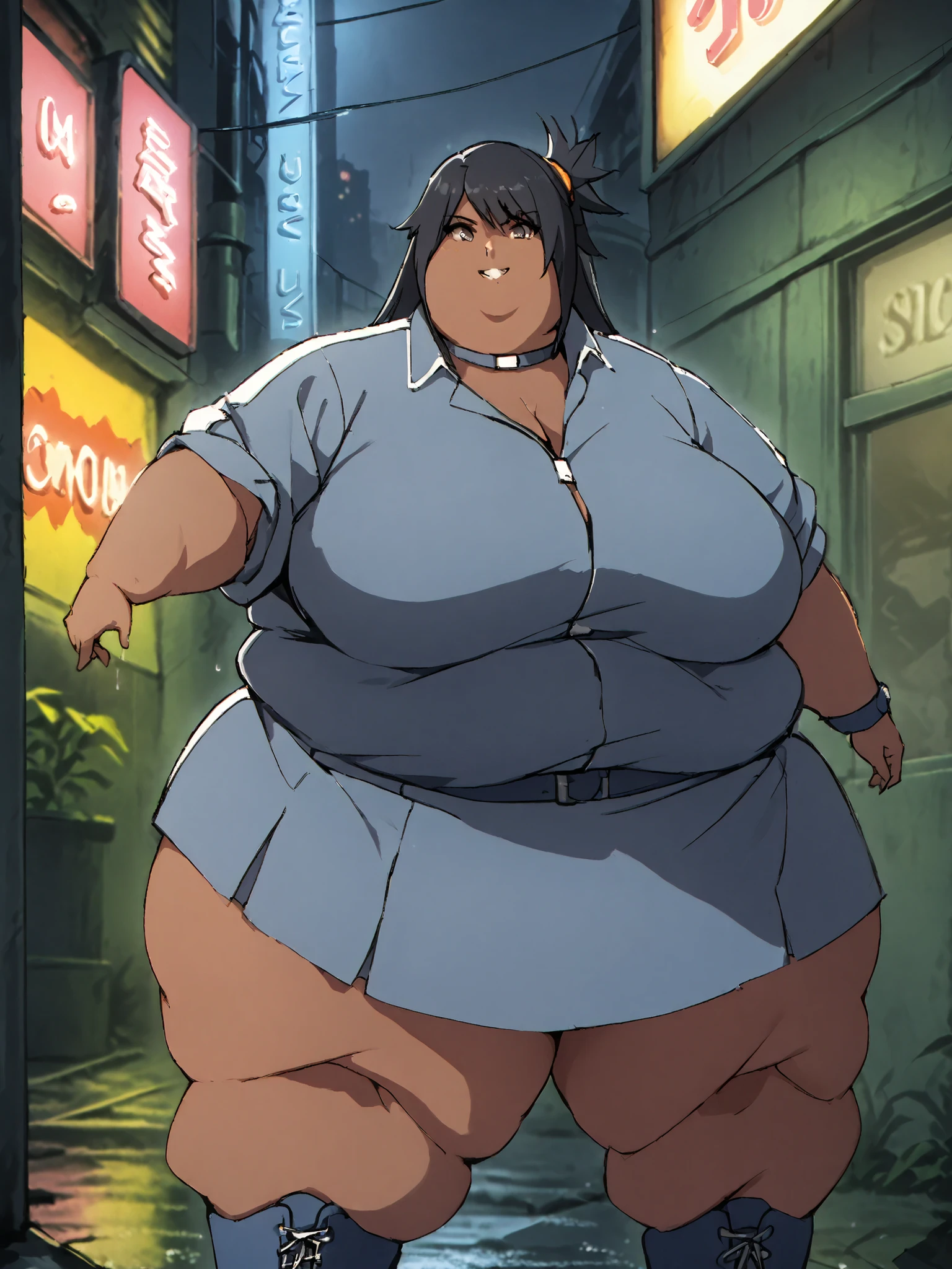 score_9, score_8_up, score_7_up,score_6_up, score_5_up, score_4_up , 1girl, solo,
large breasts,
haylinDG,
split ponytail, long hair, bangs, hair over eyes, black hair, dark skin, smile
miniskirt, jacket, choker, cropped jacket, full body
city, night, neon lights, rain,
fighting stance,
from below, cowboy shot, Dutch angle