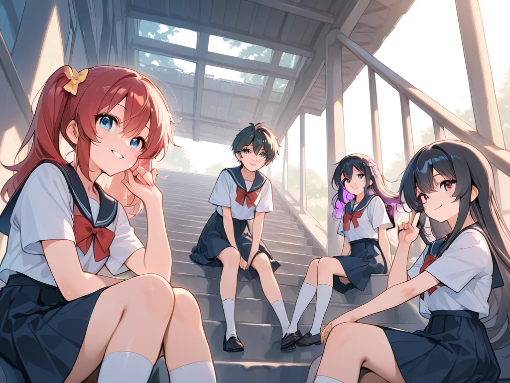 2 women, 18 years, anime, short black hair and short red hair, schoolchildren, school, in front of the class, shy, submissive, blushing, barefoot, no panties, foot fetish, lubrication