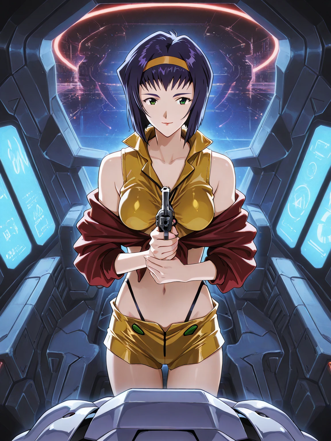 (High resolution:1.4), (masutepiece:1.2), (High quality:1.3) 1girl, saten ruiko, green eyes, long hair, black hair, small breast, slave leia costume, cinematic lighting, pov