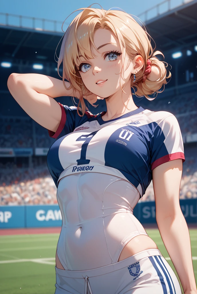 masterpiece, realistic, 8 K, (1 cute 18 year old girl with nice small firm breasts:1.5), Russian, blue-white-blue football uniform with inscription "Zenith", (blonde hair:1.1) , shortcut, (pixie haircut:1.2), Blue eyes, developed athletic muscles, athletic build, looking into the distance, smile、Turning(subtle innocent sexuality), I don't wear a bra because it's uncomfortable, highest quality human skin texture, Realistic skin, Beautiful face, expressive look, upper body