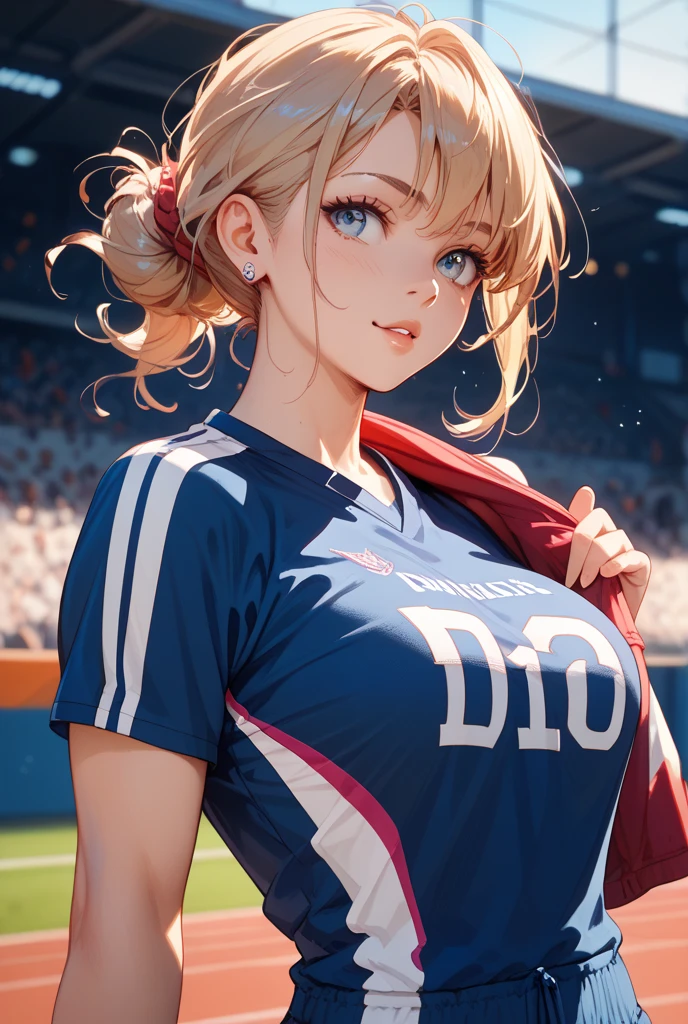(Highest quality、8k、32K、masterpiece)、(RAW Photos)、(Realistic)、(Photorealistic:1.2)、(High resolution)、Very detailed、Very beautiful face and eyes、1 person、Round and small face、Narrow waist、Delicate body、(Highest quality、Attention to detail、Rich skin detail)、(Highest quality、8k、Oil paints:1.2)、Very detailed、(Realistic、Realistic:1.37)、Bright colors、(((Looks happy)))、(((Blonde)))、(((Brand Hair)))、(((smile)))、(((Upper Body)))、(((White Background)))、(((Side Tail Hair)))、(((Pure white wall background)))、(((Wearing a soccer uniform)))、(((Pure white wall background)))、(((It&#39;s a vertical striped uniform.)))、(((Has a keen eye)))、(((Black and pink uniform)))、(((Touching the lips with the right hand)))、(((私はBlondeです、It is a side ponytail)))、(((There are no lines on the shoulder.)))
