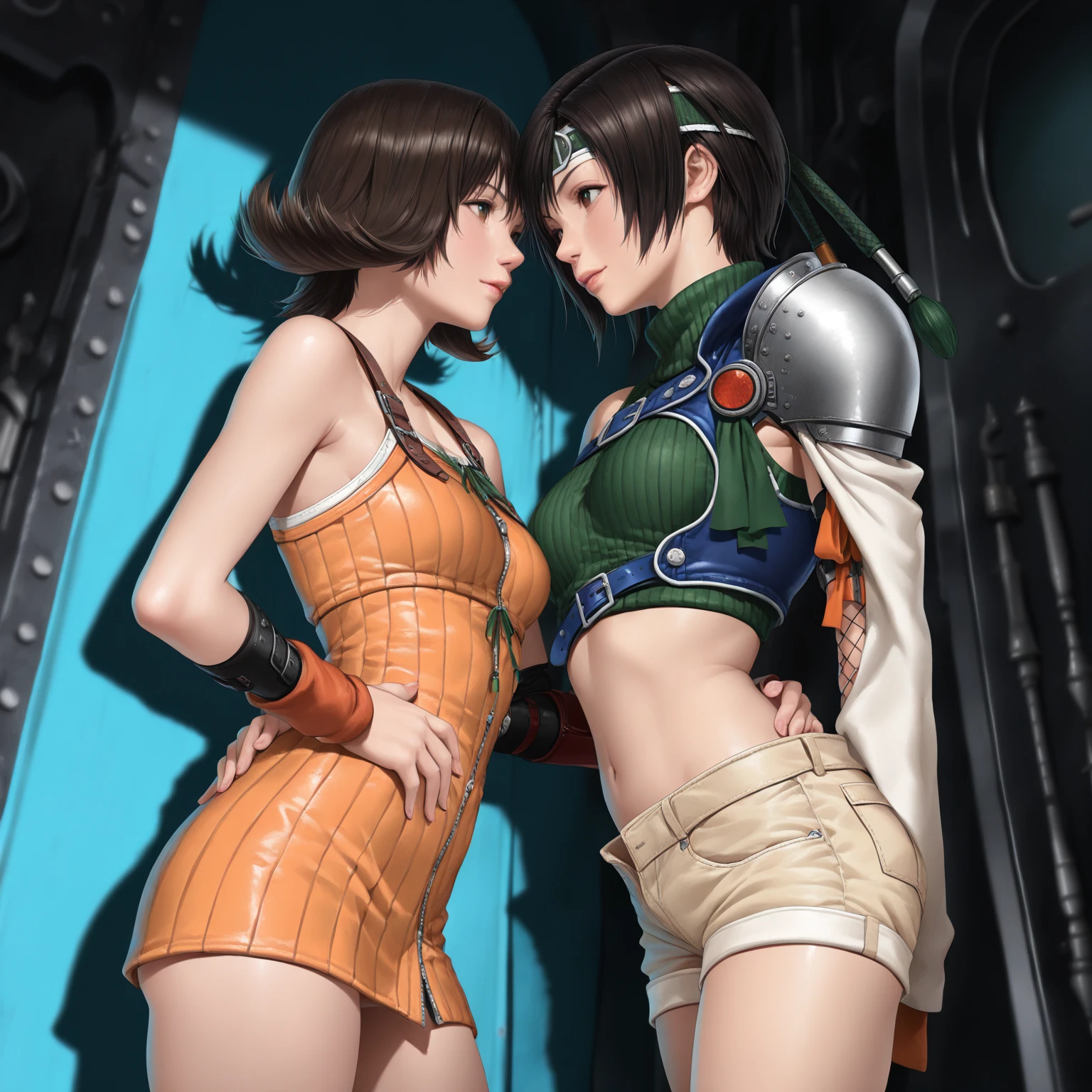ultra-detailed, Explicit, Beautiful body, Beautiful Nose, Beautiful character design, perfect eyes, perfect face, ultra highres, 4K, beautiful legs, perfect legs, Nice hands, Perfect hand, Masterpiece, Best Quality, Highly detailed, illustration, absurdres, perfect anatomy, (((blue delmo uniform, jacket, blue latex jacket))), (((blue latex pencil skirt, tight blue miniskirt))), gold stripes, extremely glossy latex, puffy sleeves, absurdres, highres, solo, 1girl, perfect hands, (highres,best_quality,masterpiece), hair ornament, short hair, brown hairm green eyes, tsujimoto natsumi, (((holding pistol, pistol)))