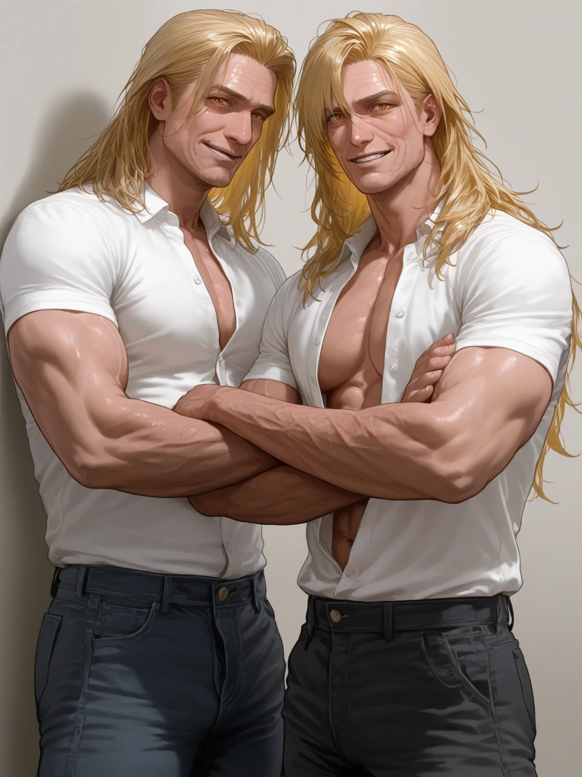 Masterpiece, photo-realistic, 2 handsome young men with long curly sandy blonde hair, bright blue eyes, clean shaven and slim build wearing no shirt, a nice crotch bulge. they are very attractive and sexy and the are showing off their bodies. <lora:bulge_slider_v10:1.4> vibrant, colorful, walking in the field. (GS-Boyish:1.6)
