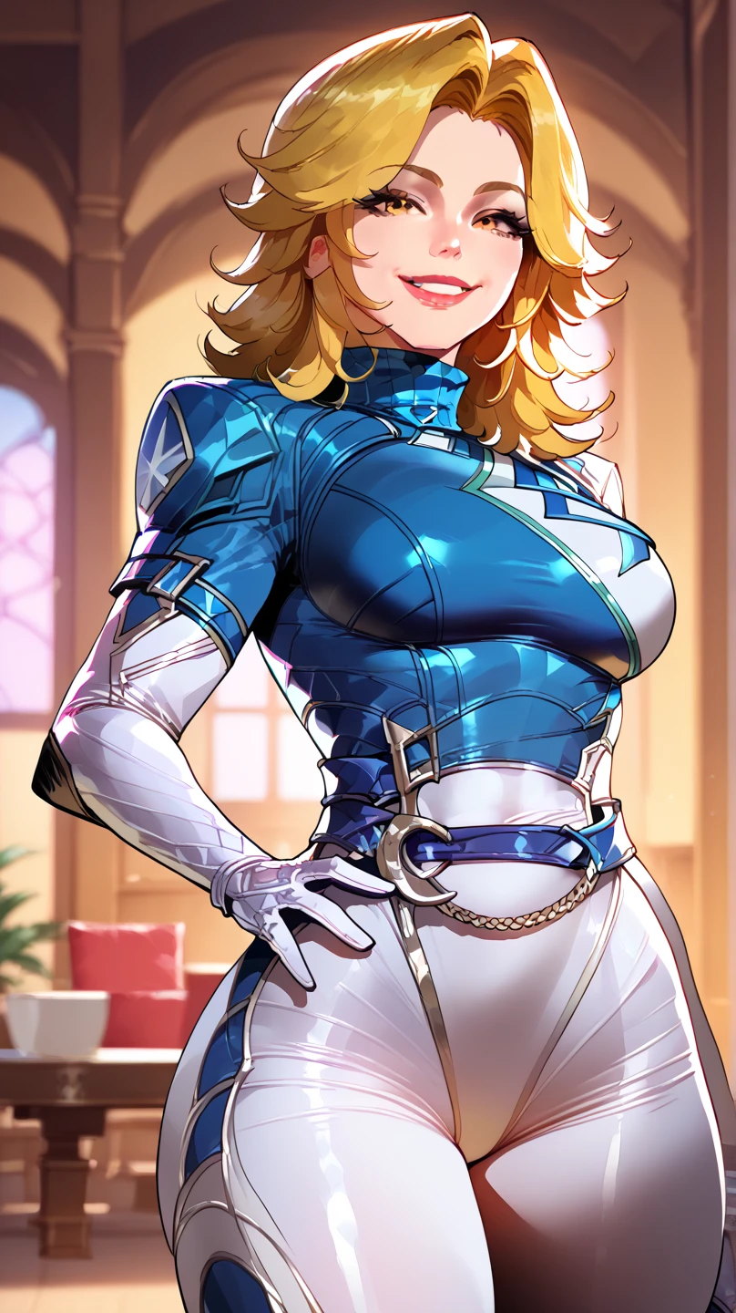 masterpiece, best quality, 1girl, solo dimaria yesta, blue bodysuit, single gauntlet, (huge breasts:0.8), upper body,, field, looking at viewer, furrowed brow, grin, room,