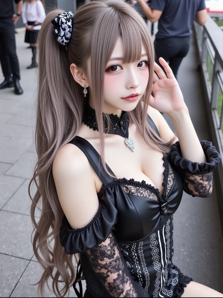 (Realistic:1.3), Finely detailed, quality, Rembrandt lighting, (masutepiece:1.2), (Photorealistic:1.2), (Best Quality), (Detailed skin:1.3), (Intricate details), Dramatic, Ray tracing, 1girl in, japanaese girl, 17 age、big eye、Smiling, twin-tail hair, Twin Loop Hair, Parted bangs, 21 years old, large full breasts, jirai fashion, Gothic Lolita Fashion、Short dress, frilld, Lace, bow ribbon, Convoluted, (on tokyo street, Harajuku, A clear day), NSFW,