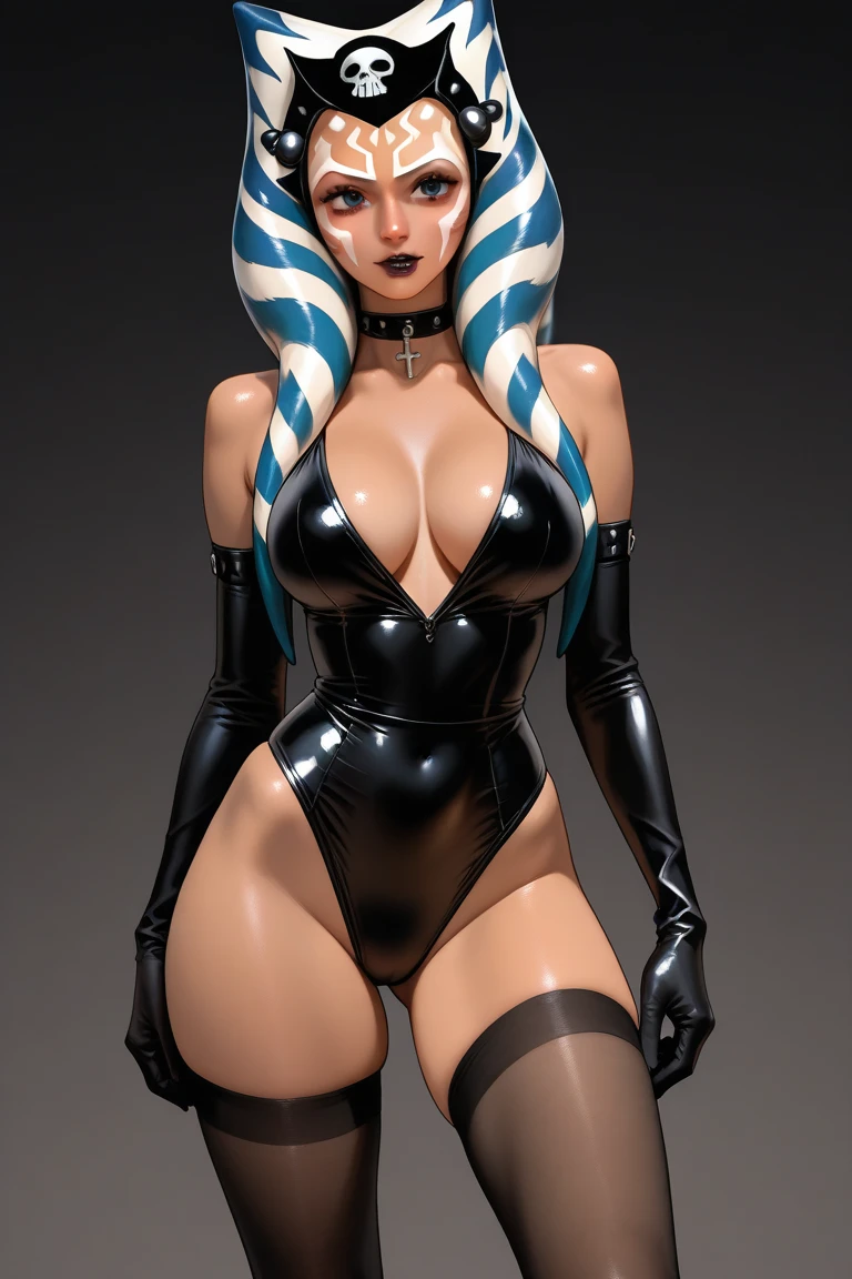 ahsoka ,cleavage,damaged body,sweat,beautiful face,mature ahsoka ,muscular (surrounded many Heinous estrus :1.3),(metal collar,chain leash:1.3),(pull leash:1.2), veins popping out on her skin. She is being brainwashed into becoming a Borg, with an eyepatch covering one eye. There are cables attached to her body, merging with her flesh. The overall scene has a luma effect, giving it a surreal glow. The woman's face is extremely detailed, with intricate features and expressions. Her eyes are particularly captivating, with a mesmerizing quality to them. The image is of the highest quality, with 4K resolution and ultra-detailed rendering. It has a realistic and photorealistic appearance, almost resembling a masterpiece. The art style leans towards a cyberpunk concept, with a fusion of sci-fi elements. The color tone is dominated by shades of blue, giving it a cold and futuristic atmosphere. The lighting is dramatic, with bright highlights and deep shadows, adding intensity to