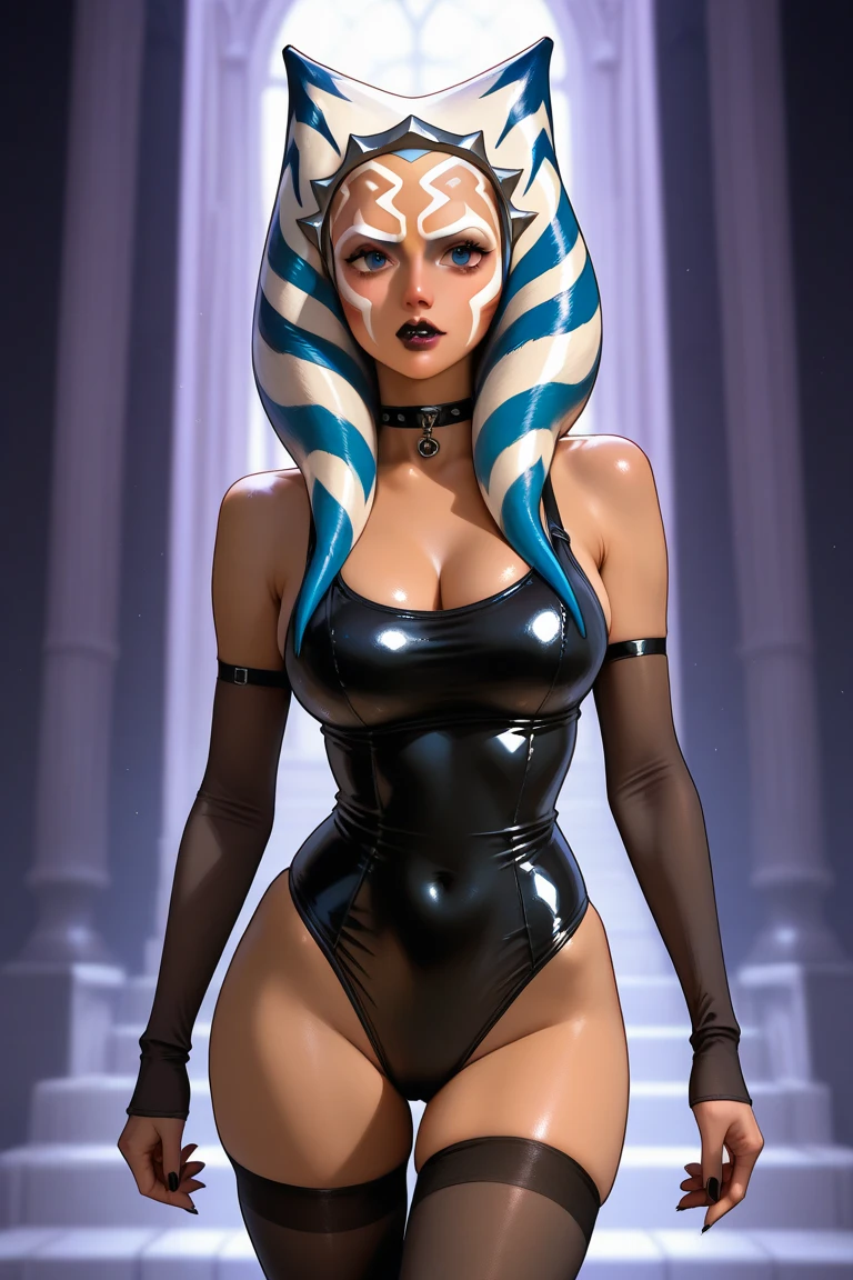 score_9, score_8_up, score_7_up Ahsoka Tano, r, orange skin, white markings, (huge breast:1.2), tight battle suit, nipple , sitting on throne
