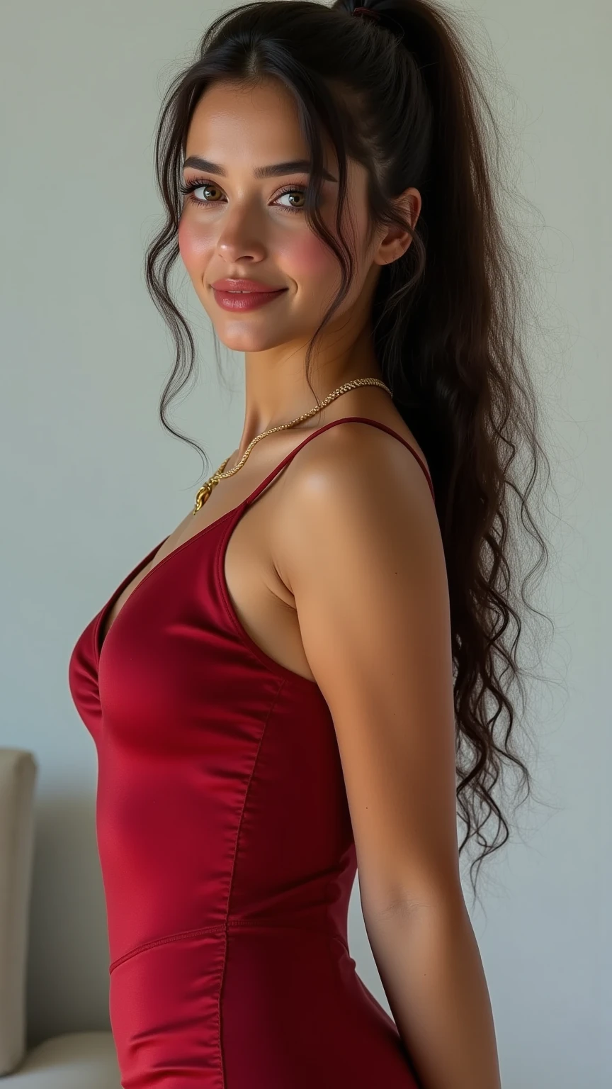 A beautiful n1n4d woman,1girl,solo,long hair,breasts,smile,brown hair,dress,brown eyes,jewelry,earrings,teeth,necklace,mole,grin,red dress,realistic,pearl necklace,soft lighting, professional Photography, Photorealistic, detailed, RAW, analog, sharp focus, 8k, HD, high quality, masterpiece<lora:n1n4d:1.0>