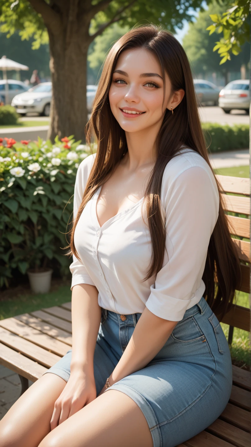 (best quality, 4k, 8k, high-res, masterpiece:1.2), ultra-detailed, (realistic, photorealistic, photo-realistic:1.37), (beautiful detailed eyes, beautiful detailed lips, extremely detailed eyes and face:1.2), studio lighting, physically-based rendering, vivid colors, (big tits, super big tits, super extra big tits:0.8), ((waist, thigh)), (shirt), (soft lighting:0.8), (portrait, smile and laugh), (park),