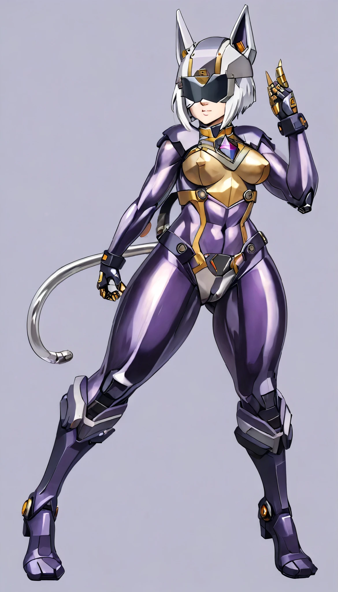 (Masterpiece, grey background:1.2) full body standing straight symmetrical looking to the viewer, view from below, far shot, cow boy shot, purple skin, drow, elf, 1girl, mature, purple eyes, pinched eyes, short silver white hair cut (yellow tiger bikini print long sleeves and long stockings) abs, navel, big knockers, tatter rags, leather choker, chain collar, stomach tattoo (red tattoo) hands on hips, wide hips, thick thighs, metal sandals