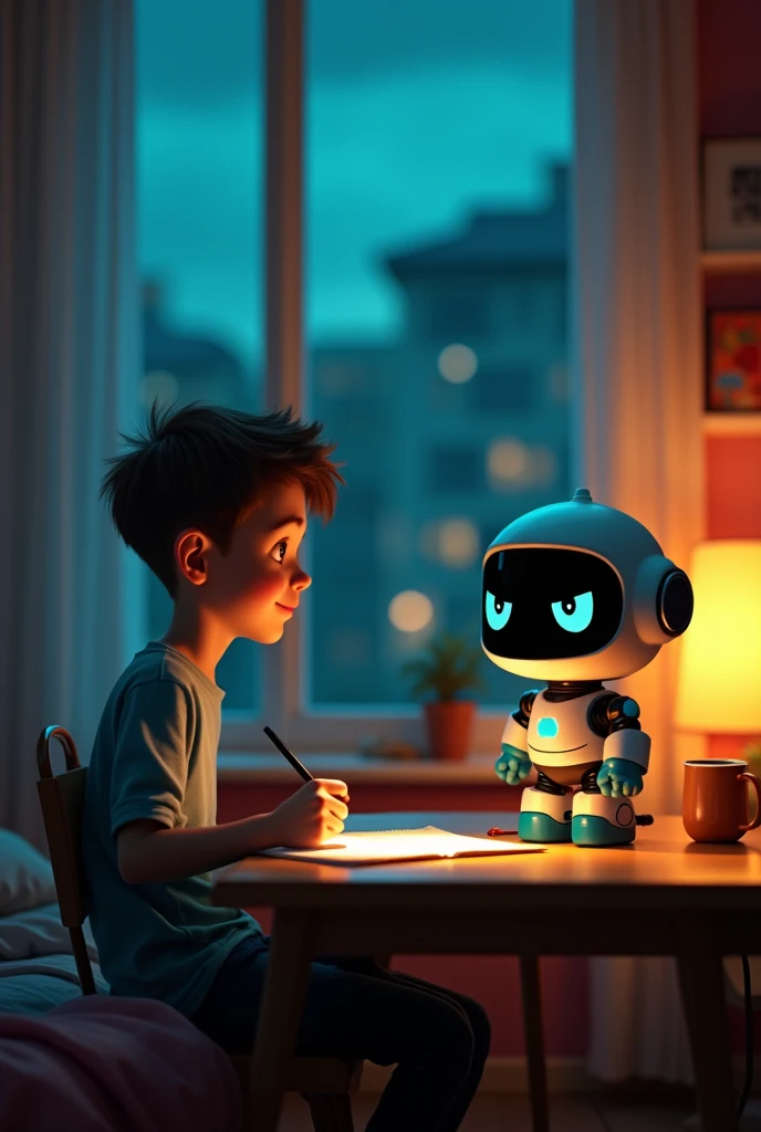 A boy sitting on the chair, back side, curly black hairs, work online on a computer,in colourful half sleeve shirt,and a 3d model in right side of laptop.photo in 2d animation style.