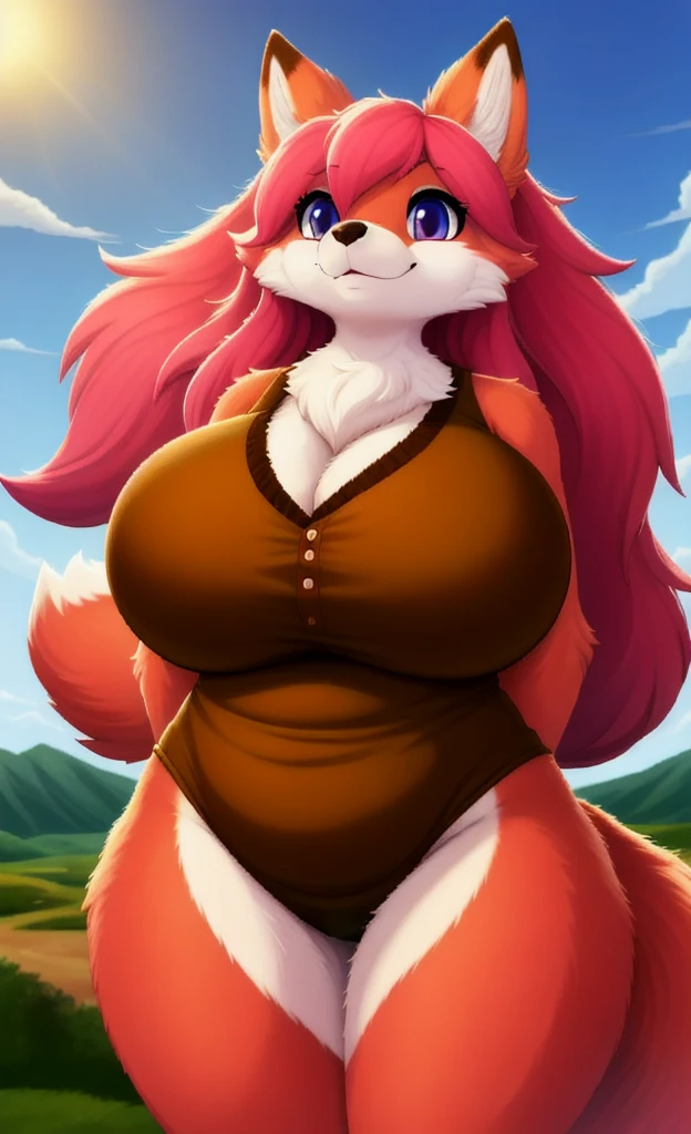 by darkgem, by BNG, by gideon, solo, 1girl, fox, vixen, anthro, female, older woman, muscular, thicc, (round glasses:1.4), green eyes, (dark red hair:1.3), orange fur, braided hair, furry body, wide body, wide hips, thick thighs, big arms, (huge breasts:1.1), (heavy breasts:1.3), (sagging breasts), nipple outline, highly detailed eyes, milf, tank top, bare midriff, cleavage, large areolae, (blue jeans, lowrise jeans:1.3), bare midriff, visible thong straps, Masterpiece, best quality, absurd res, highly detailed, cleanly drawn eyes, park environment, cute smile, standing upright, casual pose, buff, digitigrade,