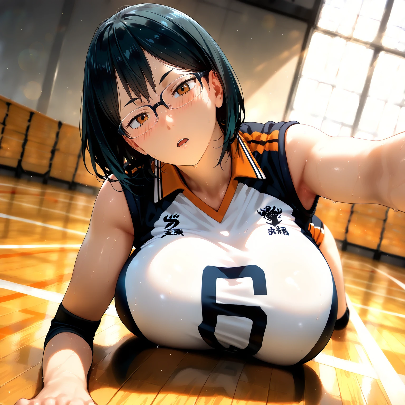 nsfw,highest quality、In 8K、masterpiece、Hmph、超A high resolution、RAW Photos、(Photorealistic:1.3)、Natural soft light、(Depth of written boundary)、Slender、(whole body:1.2)、From behind、Detailed face and eyes、Realistic students、Sharp pupils、Inside the gymnasium storehouse、(Dynamic action poses、play volleyball)、Beautiful Face、Beautiful girl of 36 years old、Glowing Skin、ponytail、Beautiful black hair、Red Eye、(blush:0.7)、Embarrassed face、Sweat、Sports bra and panties、(Thighs Thighs Thighs Thighs:0.8)、Hips、(Huge Breasts:1.4)、Grabbing her chest、Erect nipples:1.2、Small nose、Small Nose