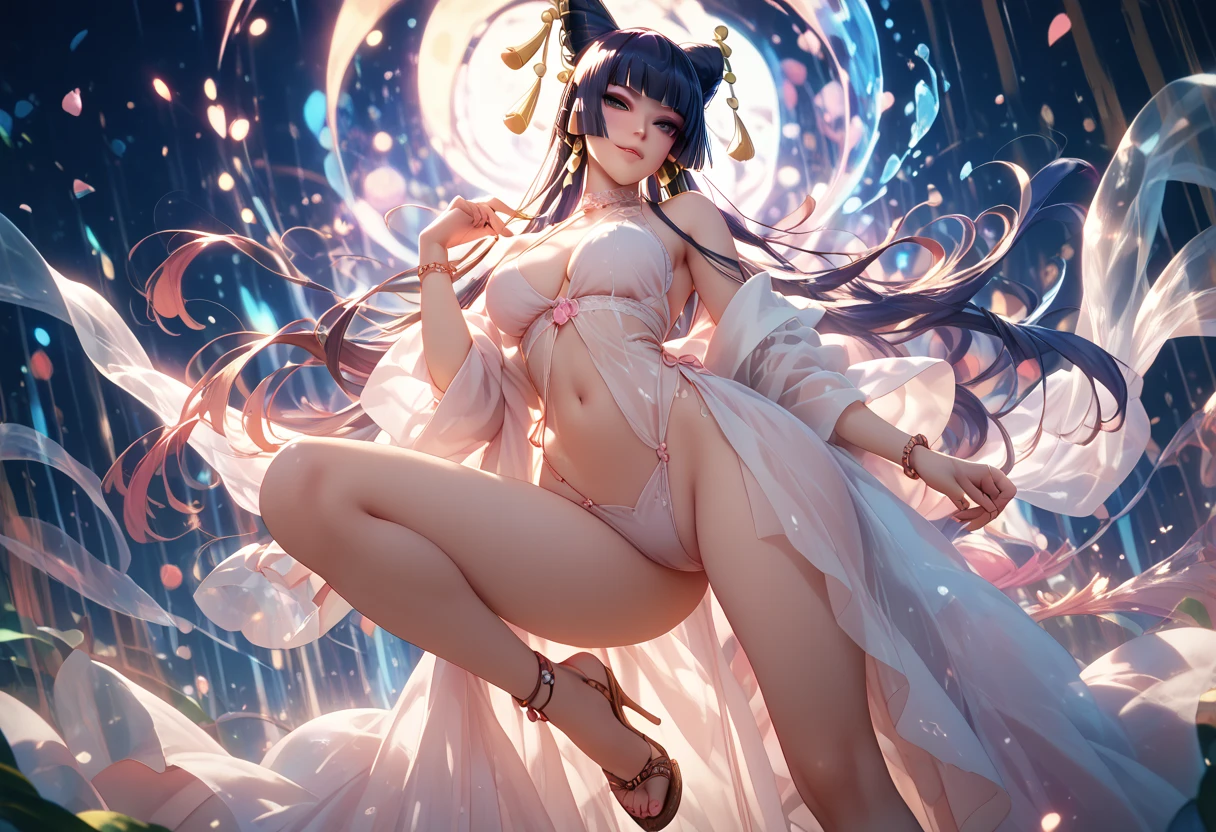 1 garota, roupas japonesas, rabo de cavalo ,cabelo branco, olhos roxos, magic circle, fogo azul, chamas azuis, papel de parede, paisagem, sangue, sangue splatter, profundidade de campo, noite, light particles, raios de luz, side lighting, coxas, destino \(Series\), impacto genshin, jaqueta aberta, saia, coxas, nuvem