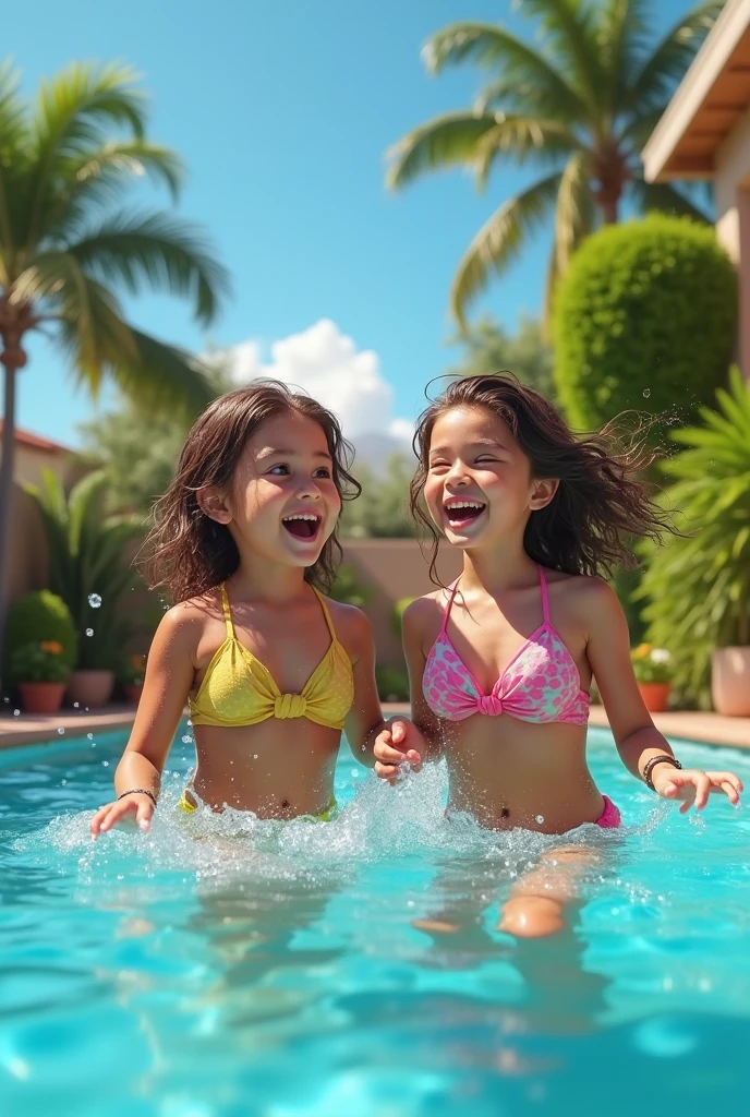 create an image of two 15 year old girls coming up to the surface catching their breath