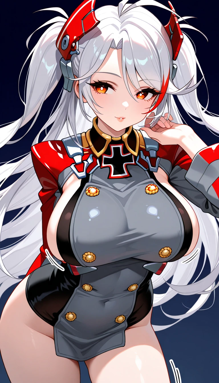 ((prince_EUGENE_azurlane:1.5)),((独奏, 1girl)) ((masterpiece,Highest quality,Highly detailed images,Beautiful images、Realistic、Dutch Angle)),(Top-down angle image)、 (Bright lighting overall、Backlight、A fantastic atmosphere、Thick Fog、Dust flutters),(Sexy pose、sideboob、huge breasts, Place your hands behind your back:1.5、Leaning forward、Charming smile), ((Mysterious night sky、shooting star、Stars Shining、Ocean))、Black sleeves、Emphasize the chest、Looking up、Hands behind the body、Leaning forwardに