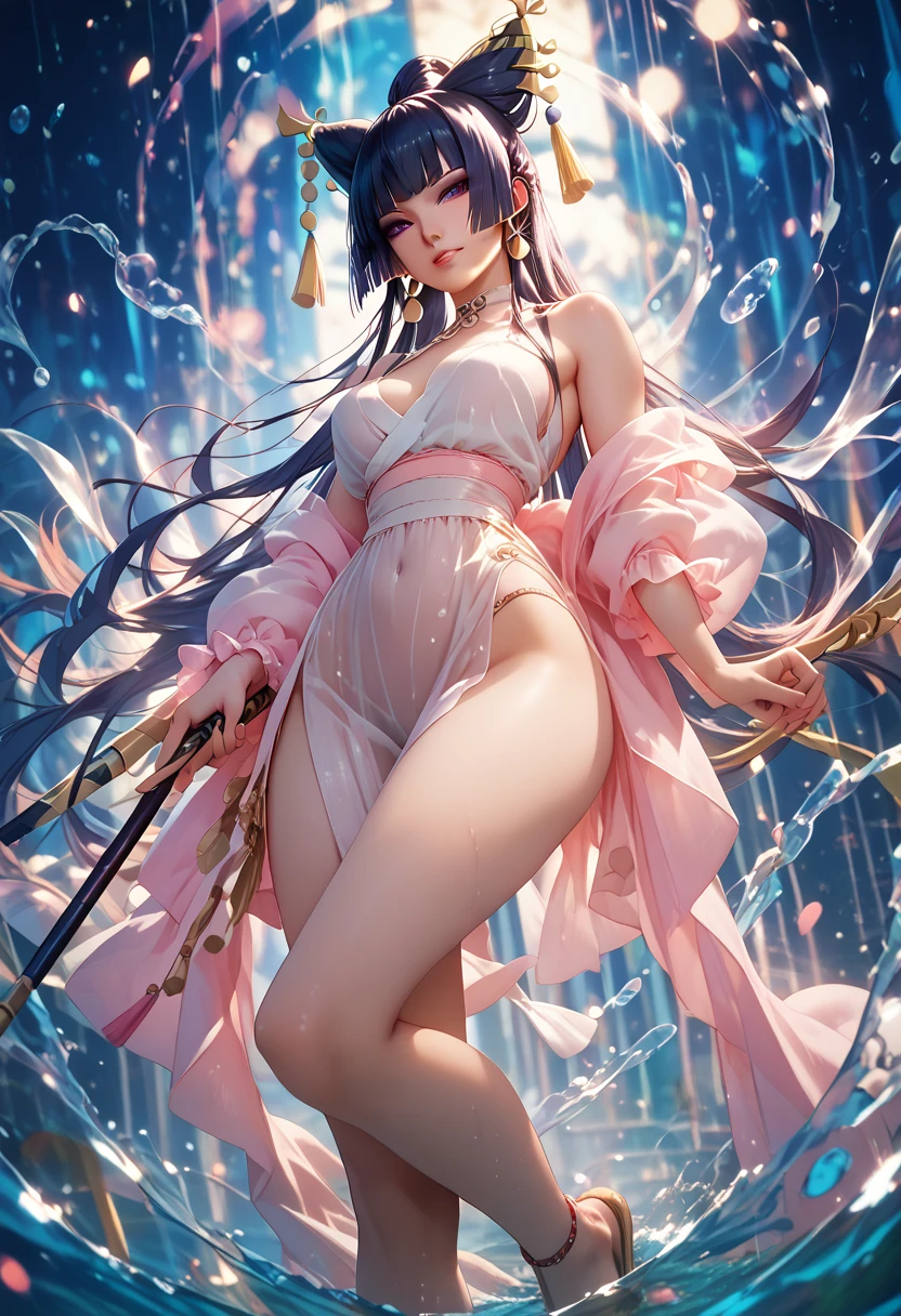 Biologically correct limb count)),(( From head to toe,Full-body photo including face)),4K,((Standing position)),masterpiece,((Focus on the face)),((Symmetrical facial features)),Eyes with detailed description,Beautiful woman,Great style,Beautiful arms,Beautiful feet,Beautiful Hands,(Small Ass,Thin thighs),Facial details,((High heels,Patterned stockings),Realistic photos,blue eyes, hair ornaments, Hair Ribbon,Random color see-through kunoichi costume、Japanese see-through female samurai costume、See-through female ninja costume,, Open clothes, Collared dress emphasizes cleavage、胸の谷間のSweat is noticeable、Professional lighting light reflection、 looking at viewer, (masterpiece:1.2), Highest quality, High resolution, unity 8k wallpaper, (figure:0.8), (Beautiful fine details:1.6), Highly detailed face, Perfect lighting, Highly detailed CG, (Perfect hands, Perfect Anatomy),heavy rain、heavy rainで全身びしょ濡れ、heavy rainで全身びしょ濡れの服、High heels、 ((Perfect handsの形))、(Perfect foot shape、Embarrassed expression、blush、Gestures to seduce a man、Shining Sweat、Perfect Skin,Sweat is noticeable、太もものSweat is noticeable、 Fair skin,Tight waist, Sweating profusely、Sweaty hair、Sweaty clothes、Sweaty、Visible sweat、rain-wet hair、A vast Western church with stained glass windows、Holding a Japanese sword、Athlete System、cherry blossoms、Blonde、Silver Hair
