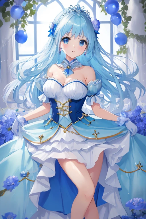 ((best quality)), ((masterpiece)), ((Very detailed)), (illustration), (Detailed lighting), (an extremely delicate and Fair), ((prune)), excellent_absurd, (Ray Tracing), (reflected light) rest (8K:1.3), 1 girl, (Girl in the flowers:1.4), (Pure sky blue hair, Red Eyes:1.5), Clear skies, External, Very detailed, best quality, Ultimate quality, masterpiece, Fair, beautiful, sit on the floor, (Absurdly long hair, Clear fabric borders:1.4), (Pure white dress, Pure white silk cloth:1.5), (Flower land, A thousand flowers, Colorful flowers, Flowers around her, Various flowers:1.51), young, Mild maturity,Curved,Astonishing, attractive, Sundress,Charm , Pure white shoes