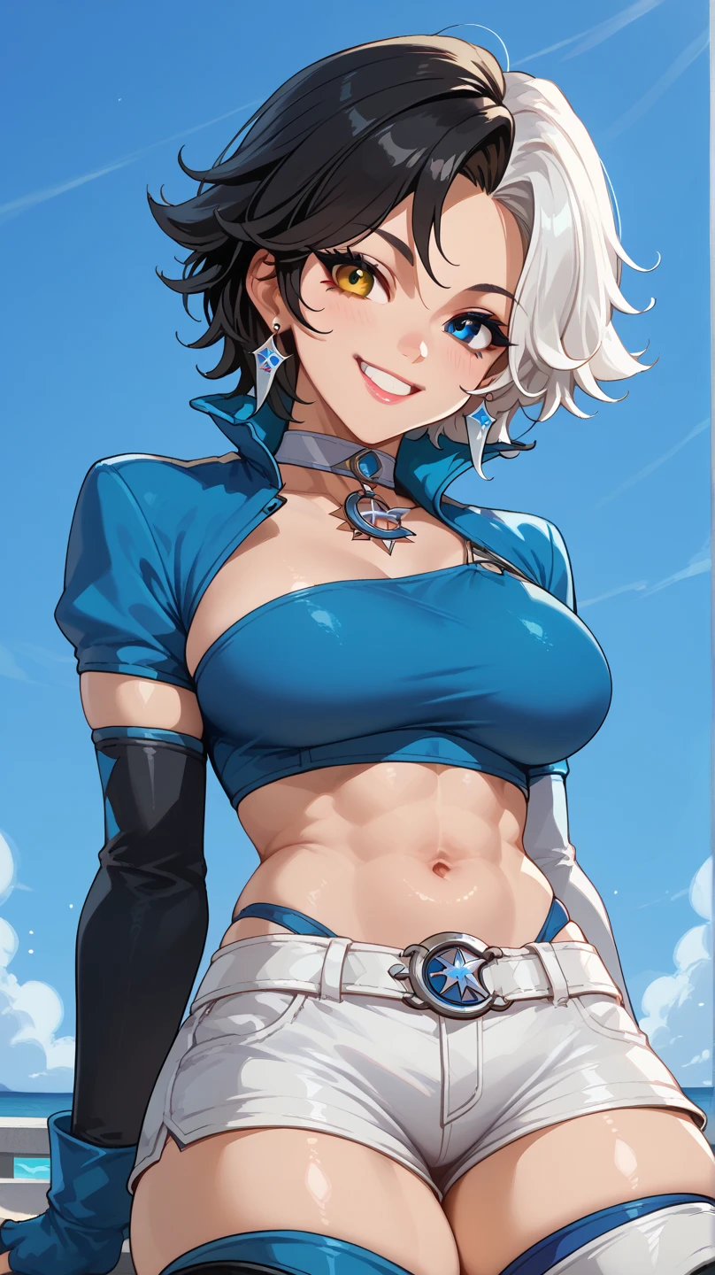 masterpiece, best quality, ultra-detailed, illustration, colorful, flat color, depth of field, 1girl, battle bunny riven, 1girl, brown eyes,  strapless leotard, pantyhose, rabbit ears, folded ponytail, silver hair, necktie, wrist cuffs, belt, carrot on belt, anime, (closeup), simple background, short height, detailed skin texture, beautiful detailed face, whtie teeth, seductive grin, looking at viewer, alluring attire, collarbone, (huge breasts, curvy, chubby, belly), shortstack, shortstackBT