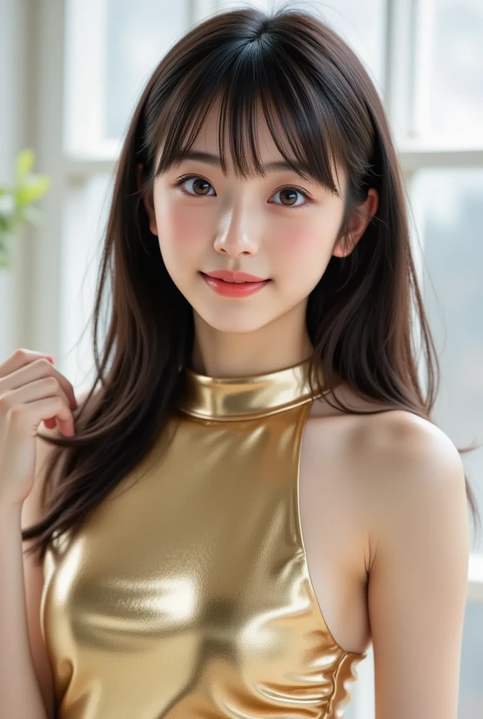 Angelic very beautiful cute young girl,
Beautiful detailed eyes,
Detailed double eyelids,
(Soft Saturation: 1.3),
(Fair skin: 1.3),
(Large eyes:1.4),
Long straight brown hair,
see-through bangs,
Sharp Focus,
beautiful detailed face and eyes,
drooping eyes,
small nose,
small mouth,
happy smiling with visible teeth, 85mm lens, F/8.0,BREAK (Sexy Swimwear :1.3),Walking,Brown hair ,(swim wears:1.3),
(Best Quality:1.2),(Super Shiny Metallic Gold:1.3),(Upper body :1.2),
Raw photo,
High resolution,
perfect detail,
Professional Photography,
Professional Lighting,
Powerful lighting of the costume,In the street