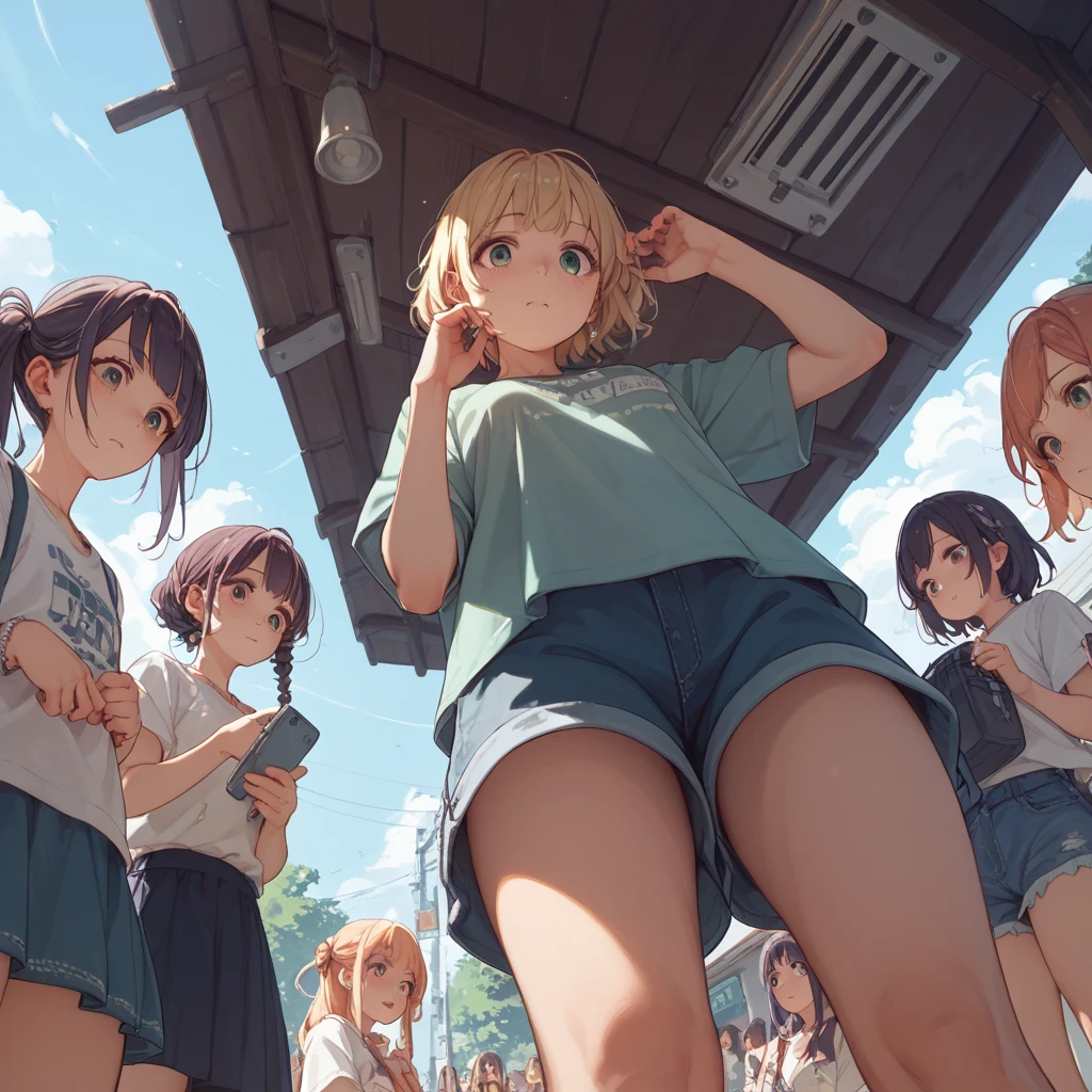 Masterpiece, beautiful slender girl, multiple girls, bus stop, unzipped shorts, panties, bottomless, skirt, dress, pussy peek, pussy, no panties, sweat, sweatdrop, t-shirt, midriff, pussy juice, blushing, bare legs, slim, full body, sneakers, leaning forward, seductive, erotic, thigh strap, small breasts, peeing, pee, pee puddle, peeing, female crowd, skirt litf