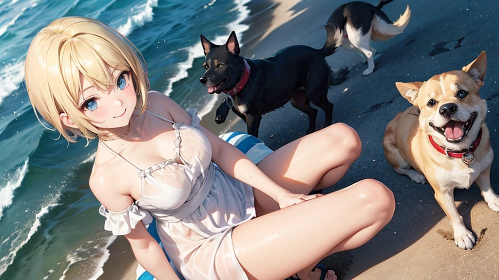 An unclothed white woman in her 20s with big breasts and blonde hair in a short hair is having sex in beach while being beaten by a hairy ugly man prisoner. The white woman's face is crying with fear. sperm. sexual slavery. oral sex. Sex crime.rape. assault on woman,