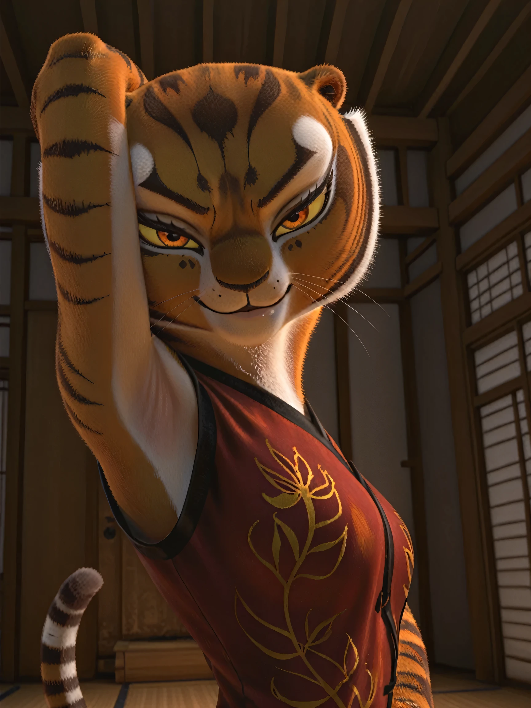 anime coloring, masterpiece, best quality, amazing quality, 1girl, solo, yellow sclera, orange eyes, m4stertigr3ss, tail, red qipao, arm behind head, armpit, armpit focus, head towards viewer, looking at viewer, direct eye contact, smile, closed mouth, indoors, dojo, from side, from below