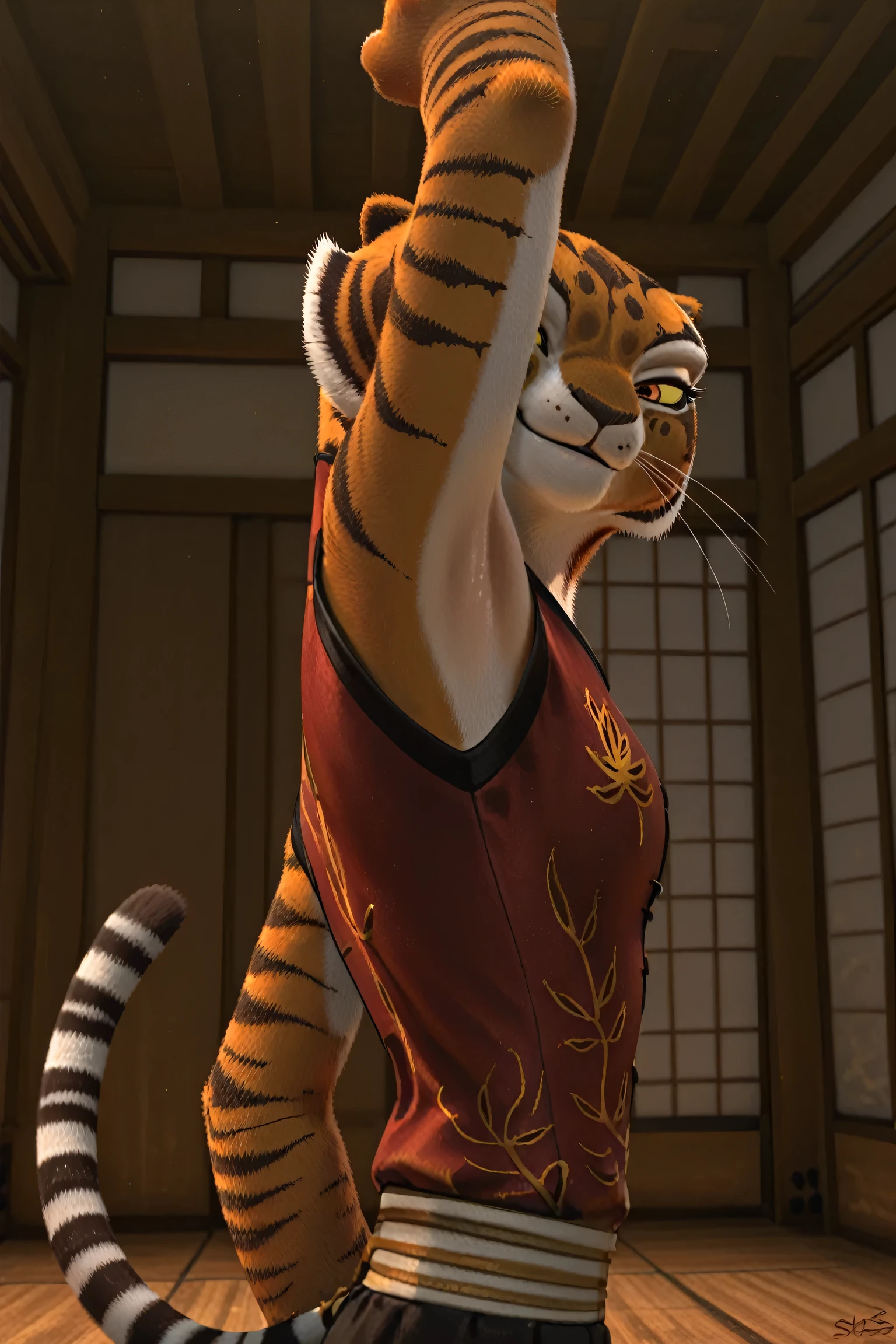 anime coloring, masterpiece, best quality, amazing quality, 1girl, solo, yellow sclera, orange eyes, m4stertigr3ss, tail, red qipao, arm up, raised arm, armpit, armpit focus, head towards viewer, looking at viewer, direct eye contact, smile, closed mouth, indoors, dojo, from side, from below, from behind, waist wrap