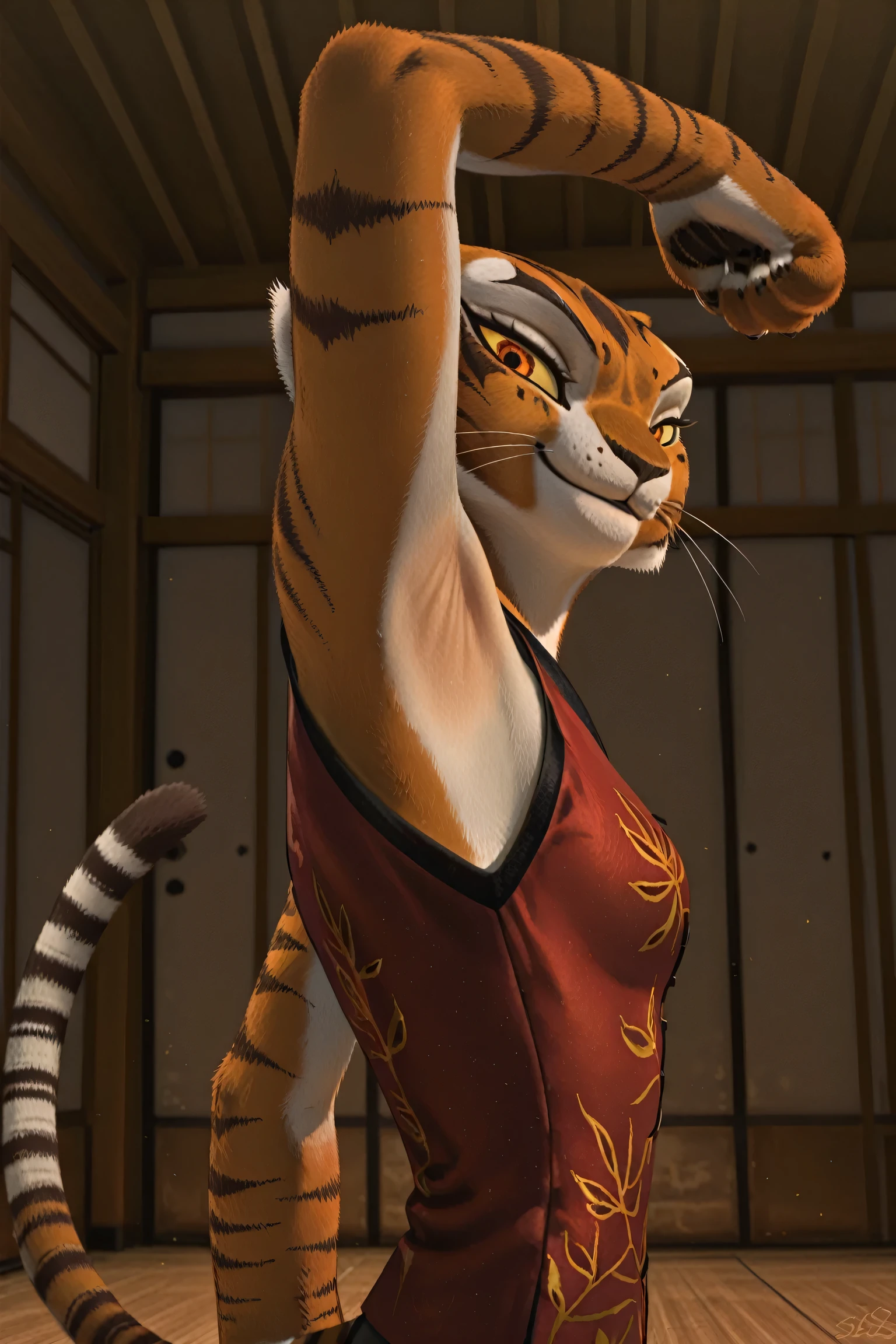anime coloring, masterpiece, best quality, amazing quality, 1girl, solo, yellow sclera, orange eyes, m4stertigr3ss, tail, red qipao, arm up, raised arm, armpit, armpit focus, head towards viewer, looking at viewer, direct eye contact, smile, closed mouth, indoors, dojo, from side, from below, from behind,